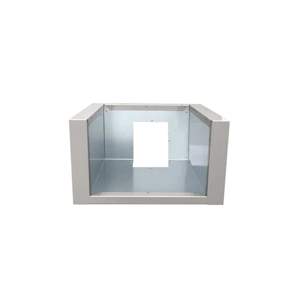 Stainless liner jacket, open rectangular frame with light interior panels