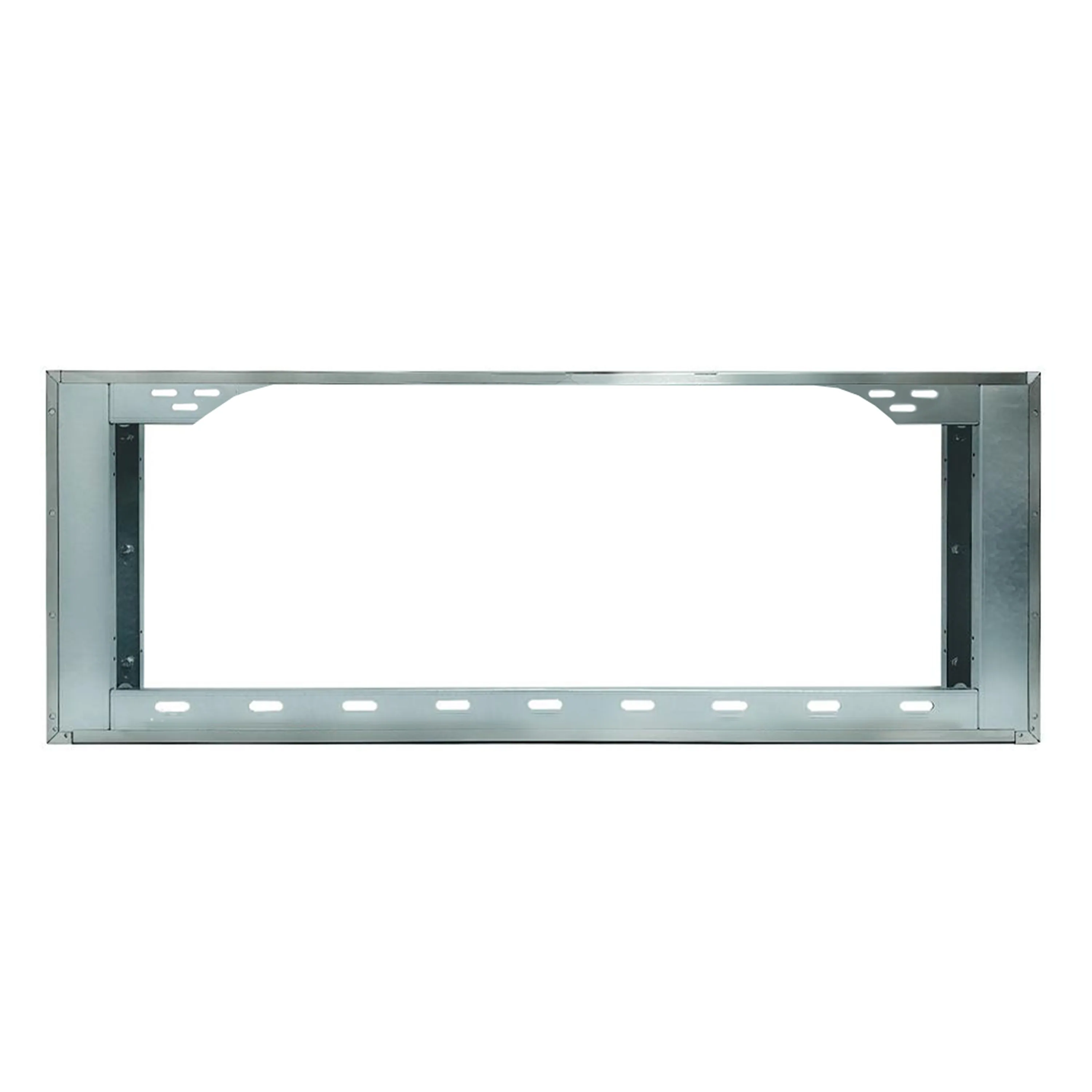 Metal vent hood spacer frame with rectangular cutout and mounting holes, gray