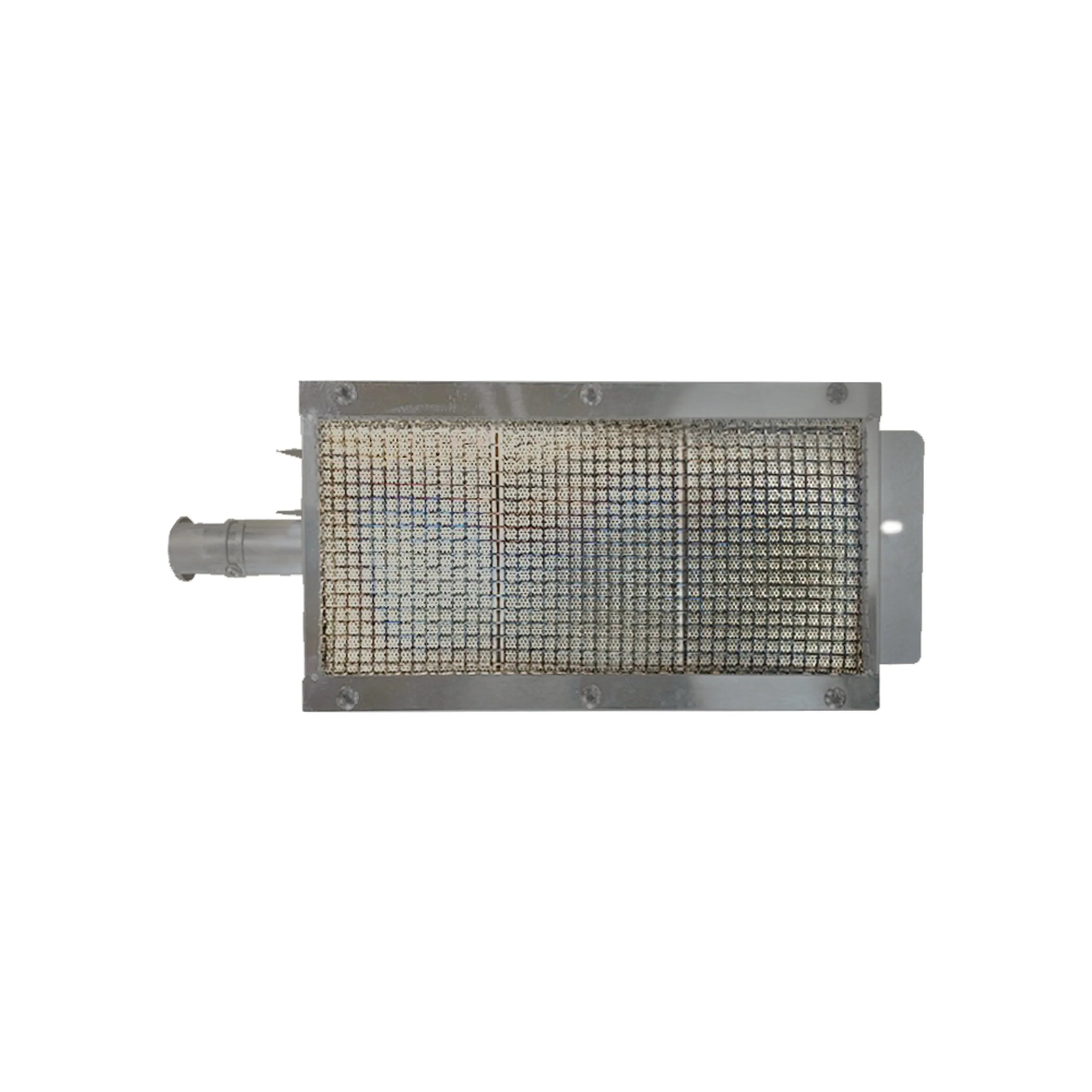 Infrared grill burner with metal frame and heat grid mesh screen