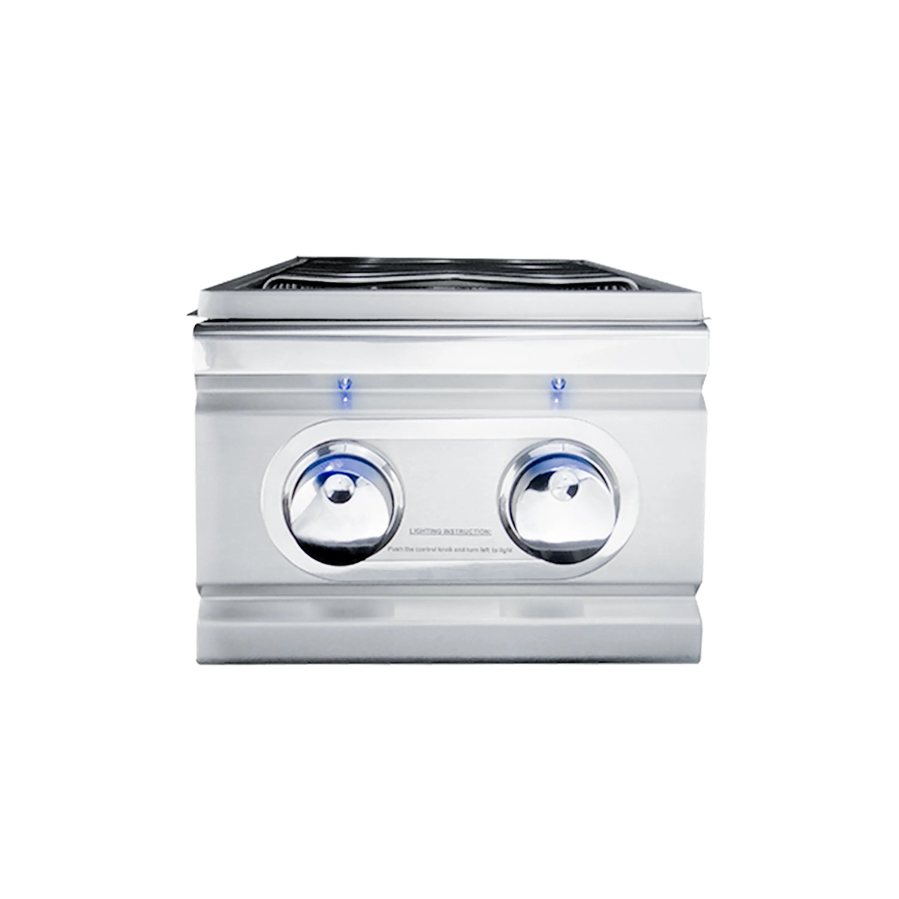 Stainless steel propane side burner with two front knobs and blue LED lights