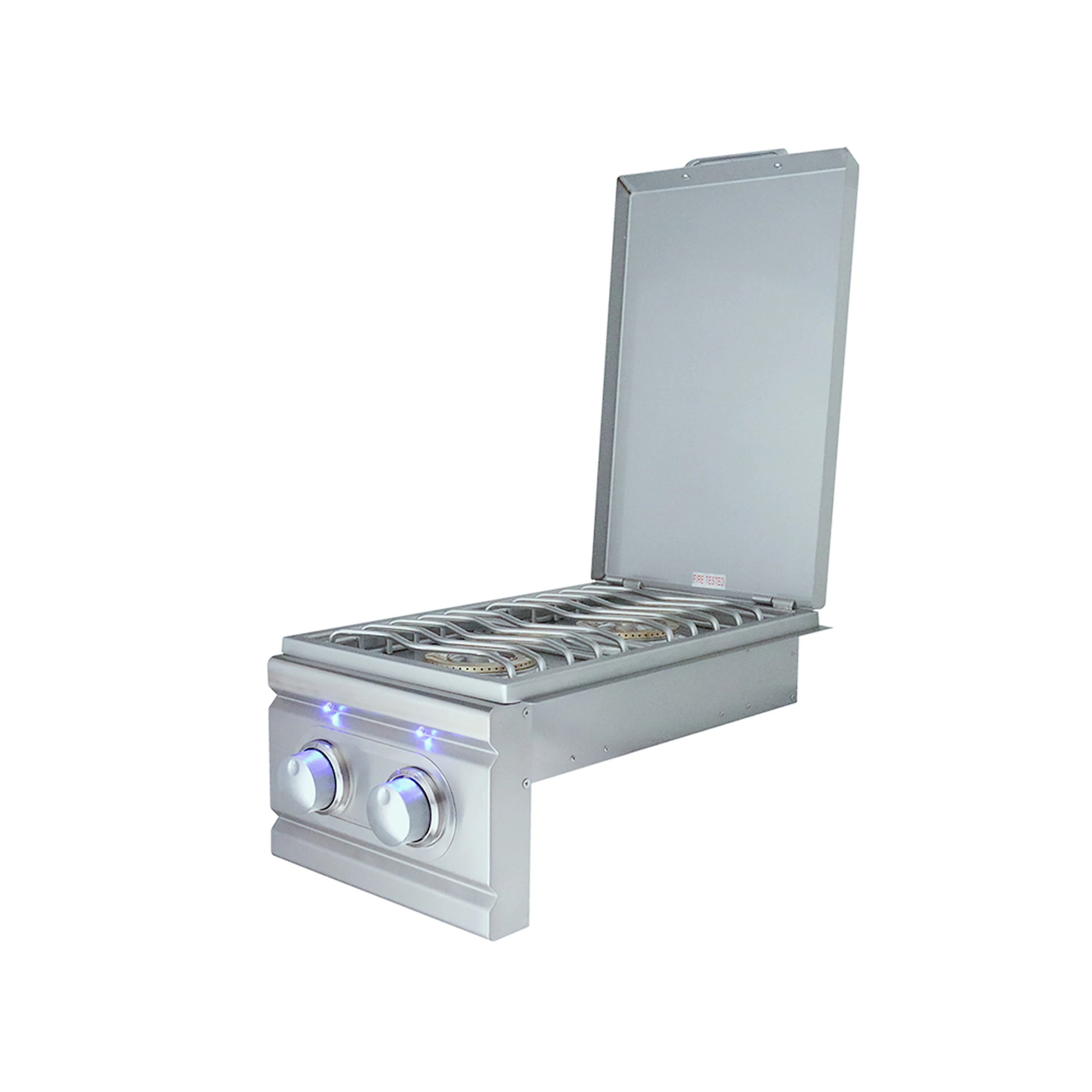 Stainless steel propane side burner with open lid, grates, and two blue LED lights