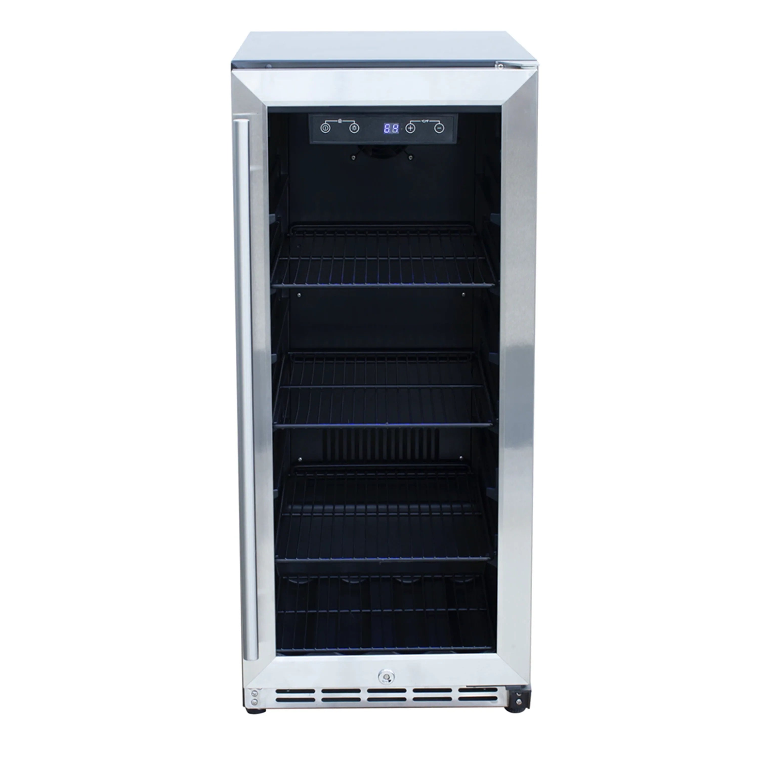 Stainless steel refrigerator with open door and wire shelves, top control panel