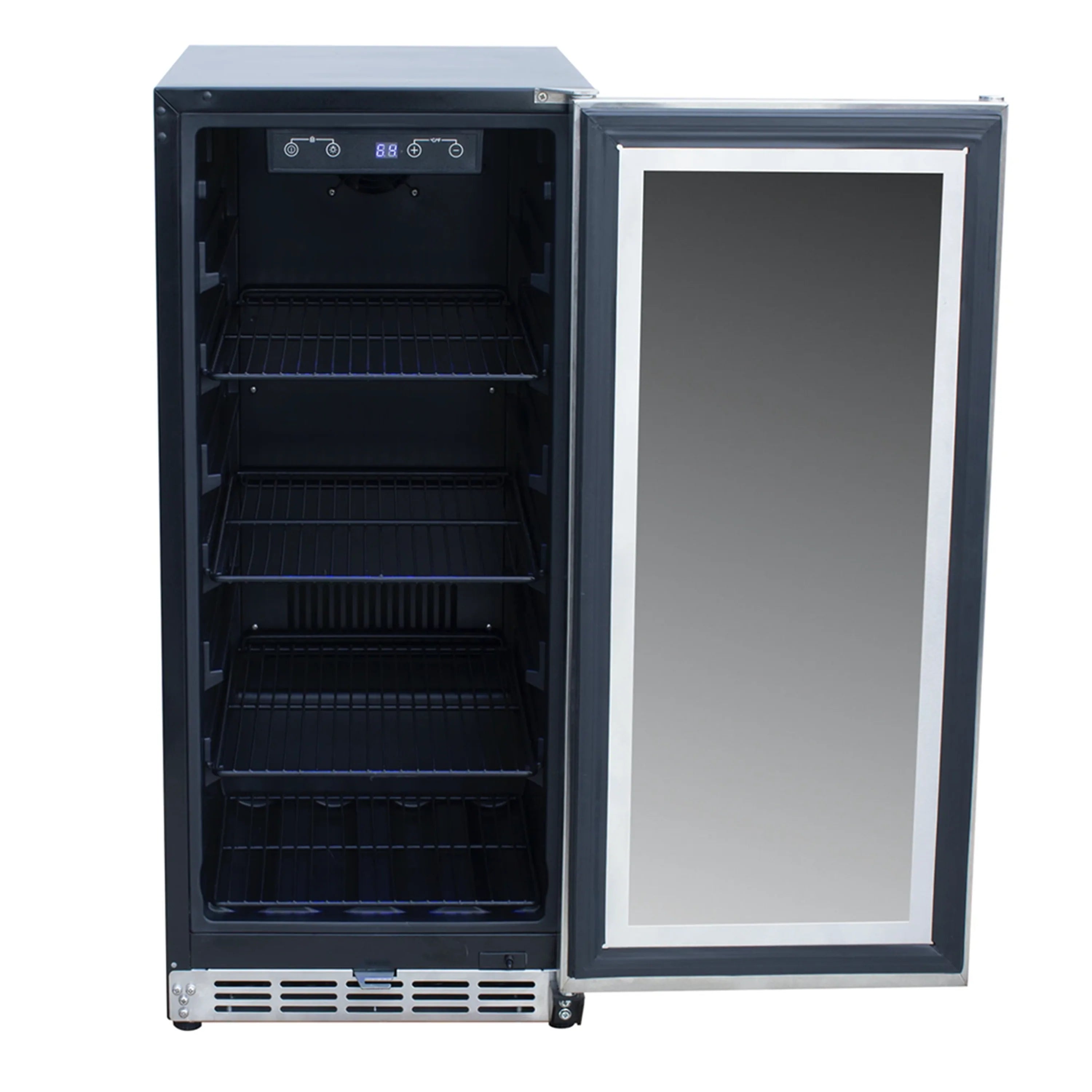 Stainless steel refrigerator with glass window, open door and wire shelves