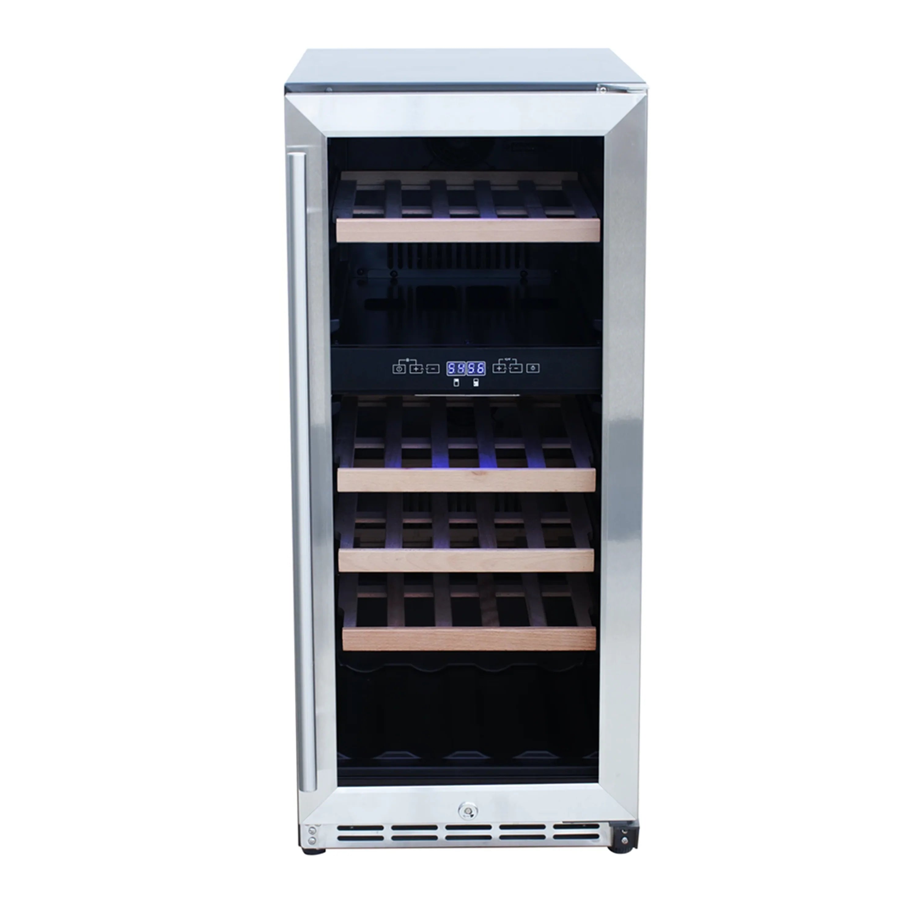 Stainless steel wine cooler with open glass door and wooden bottle shelves