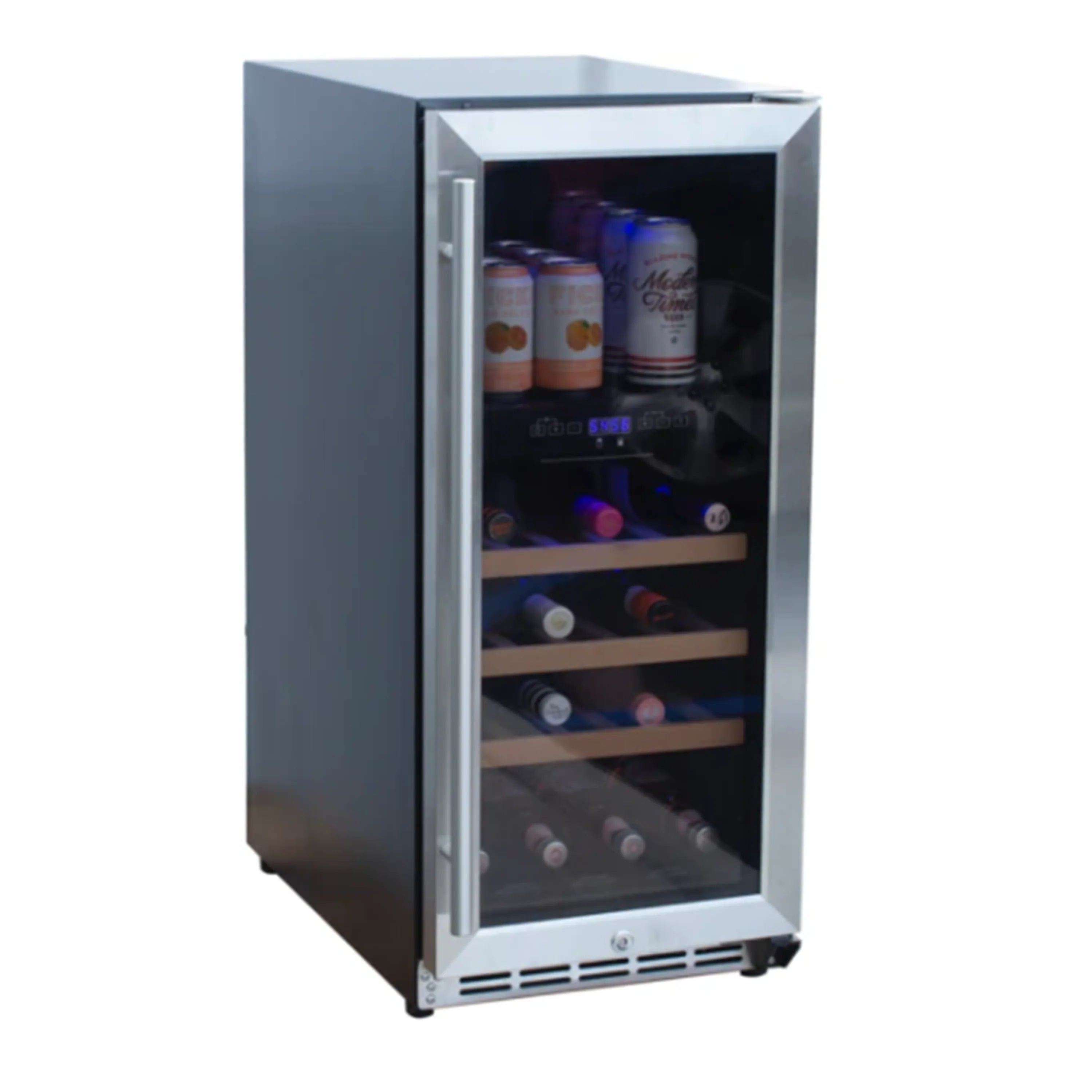 Wine cooler with open door showing bottles on wooden shelves and blue interior light