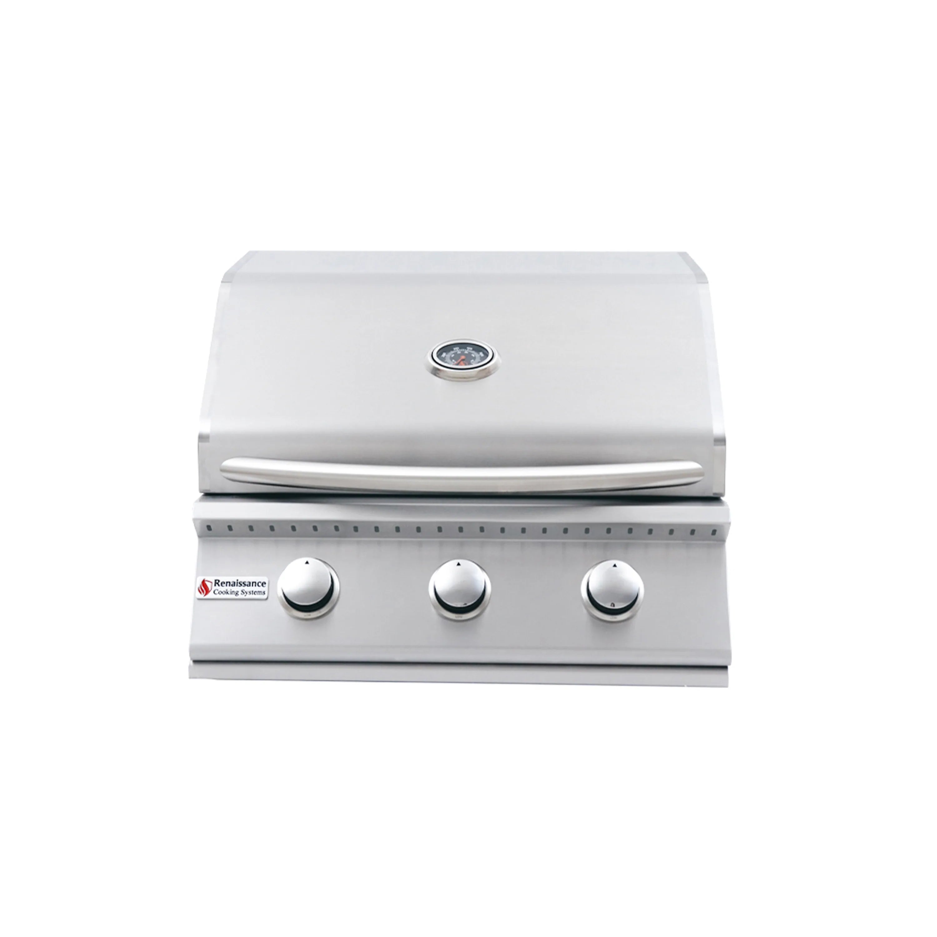 Stainless steel propane gas grill with three front control knobs and closed lid