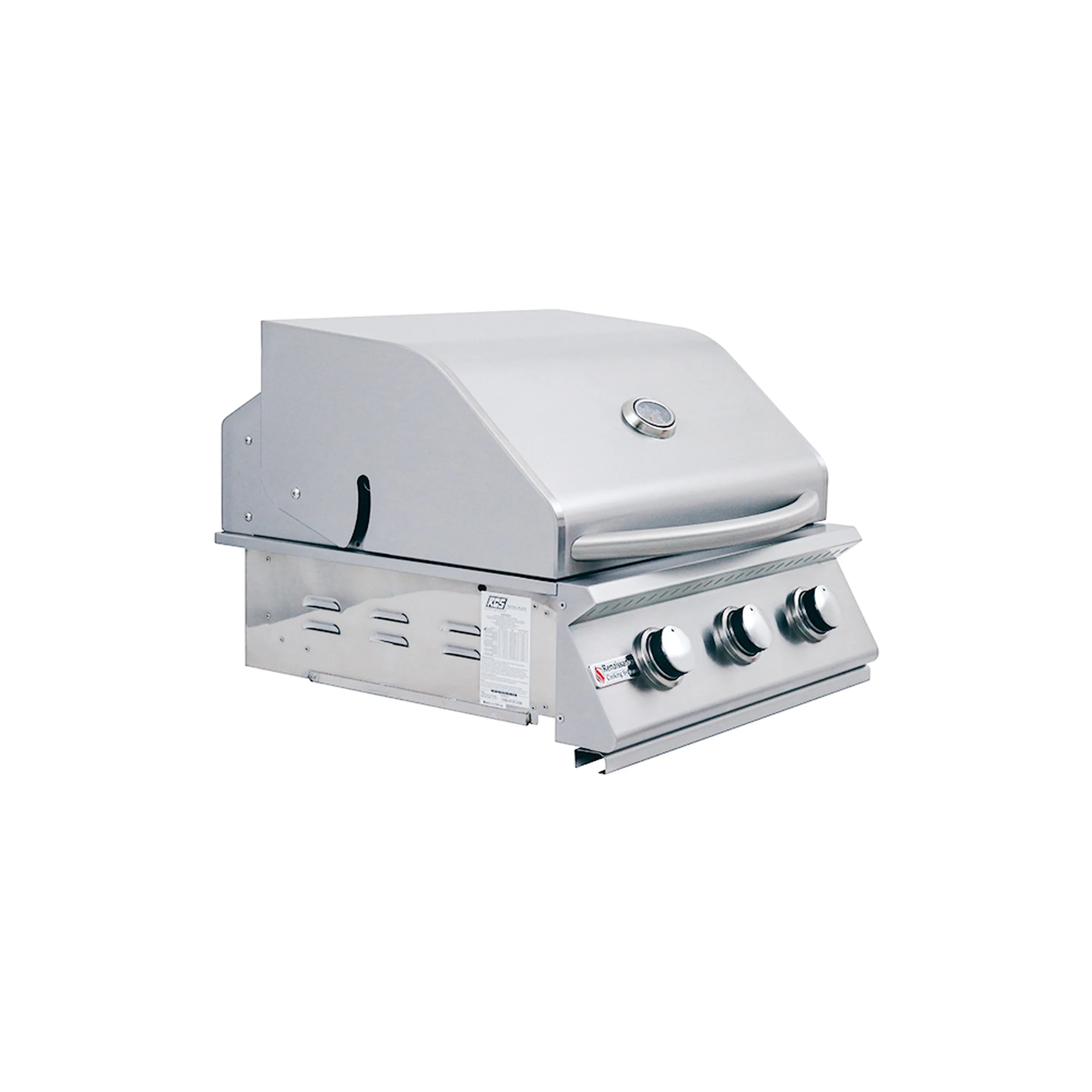 Stainless steel propane gas grill with closed hood and front control knobs on burners