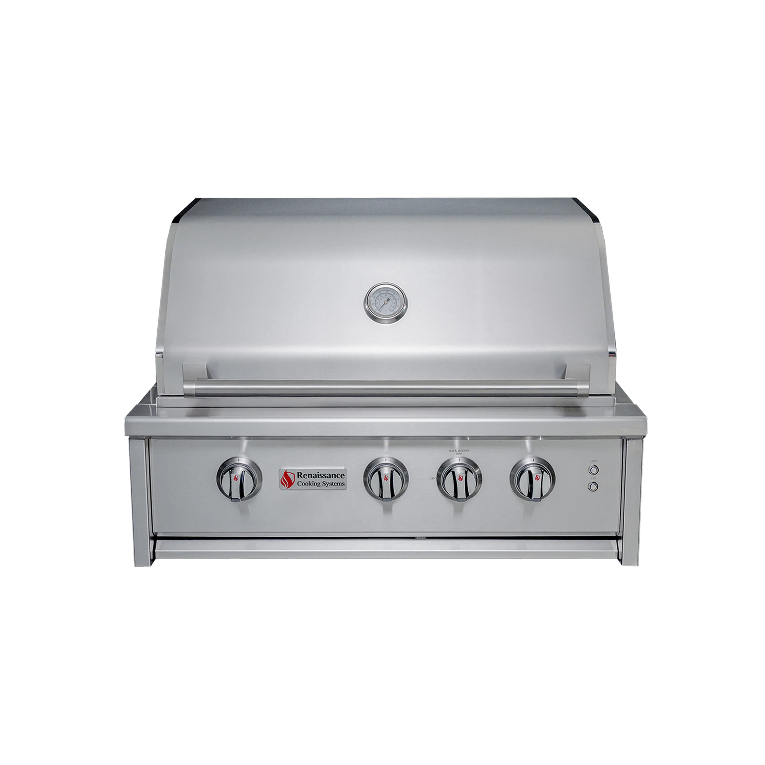 Stainless steel gas grill with closed lid, four control knobs, and side shelf panels