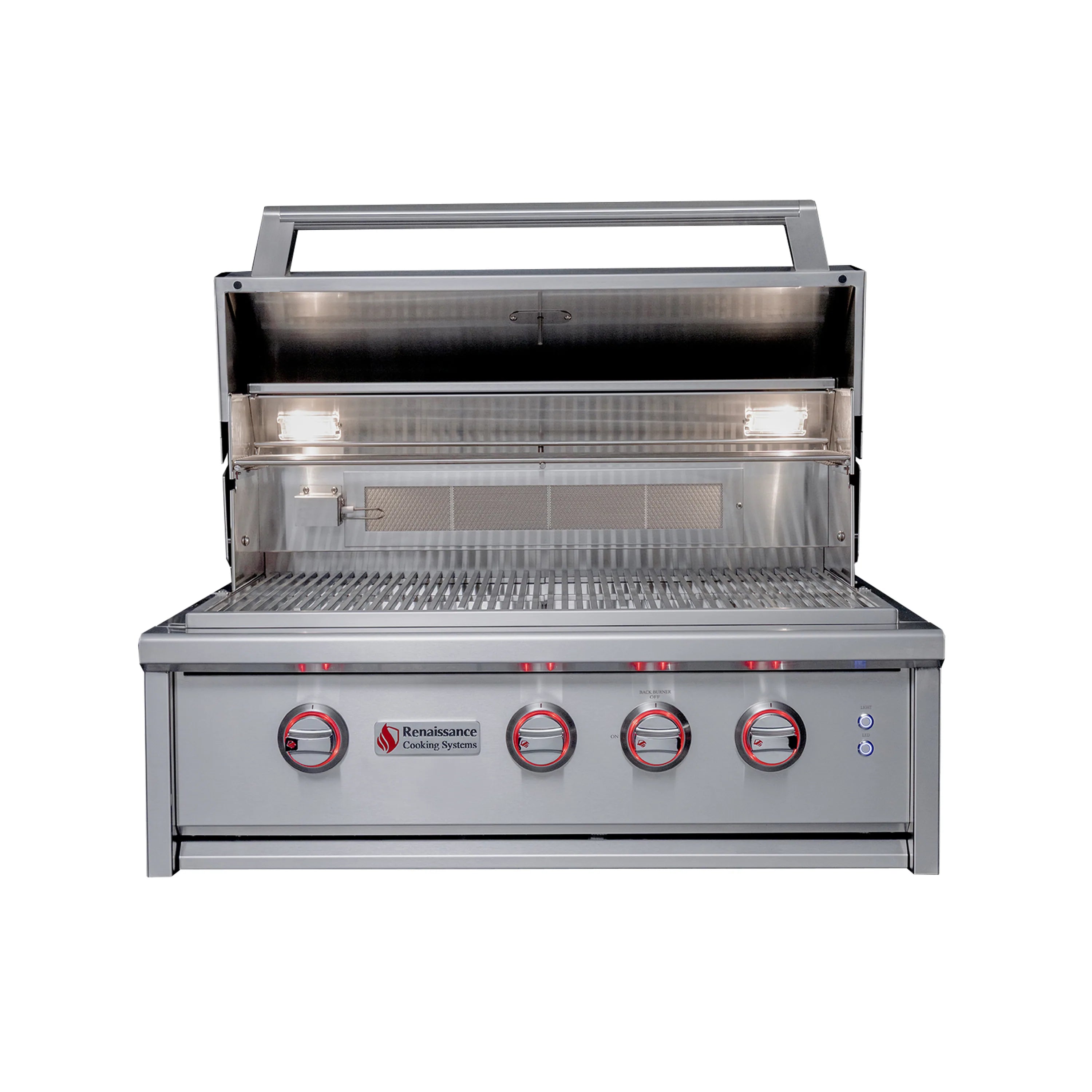 Stainless steel gas grill with open lid and glowing LED indicator lights on control knobs