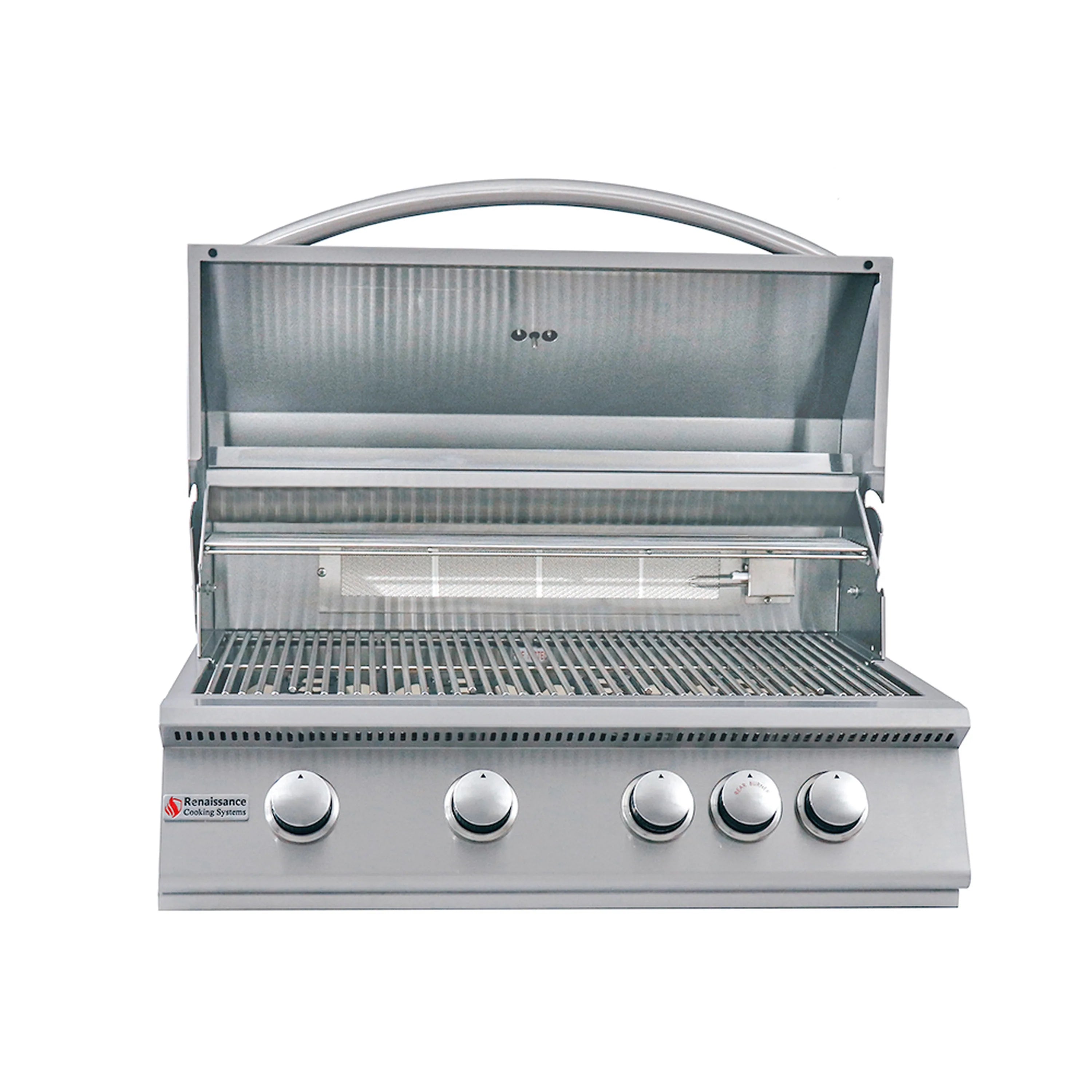 Stainless steel natural gas grill with open hood and front burner grate