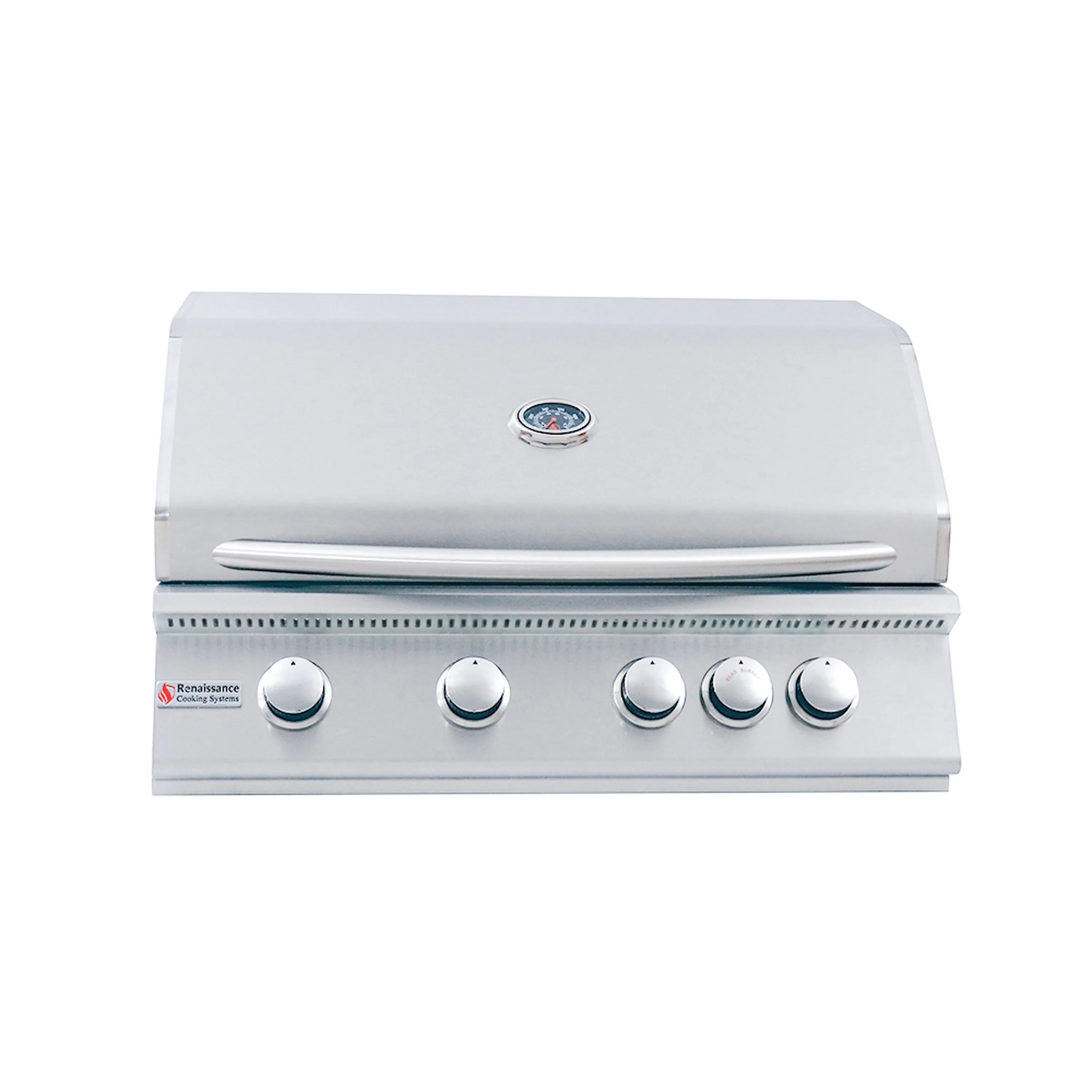 32-inch propane gas grill with lid closed, front control knobs, silver body