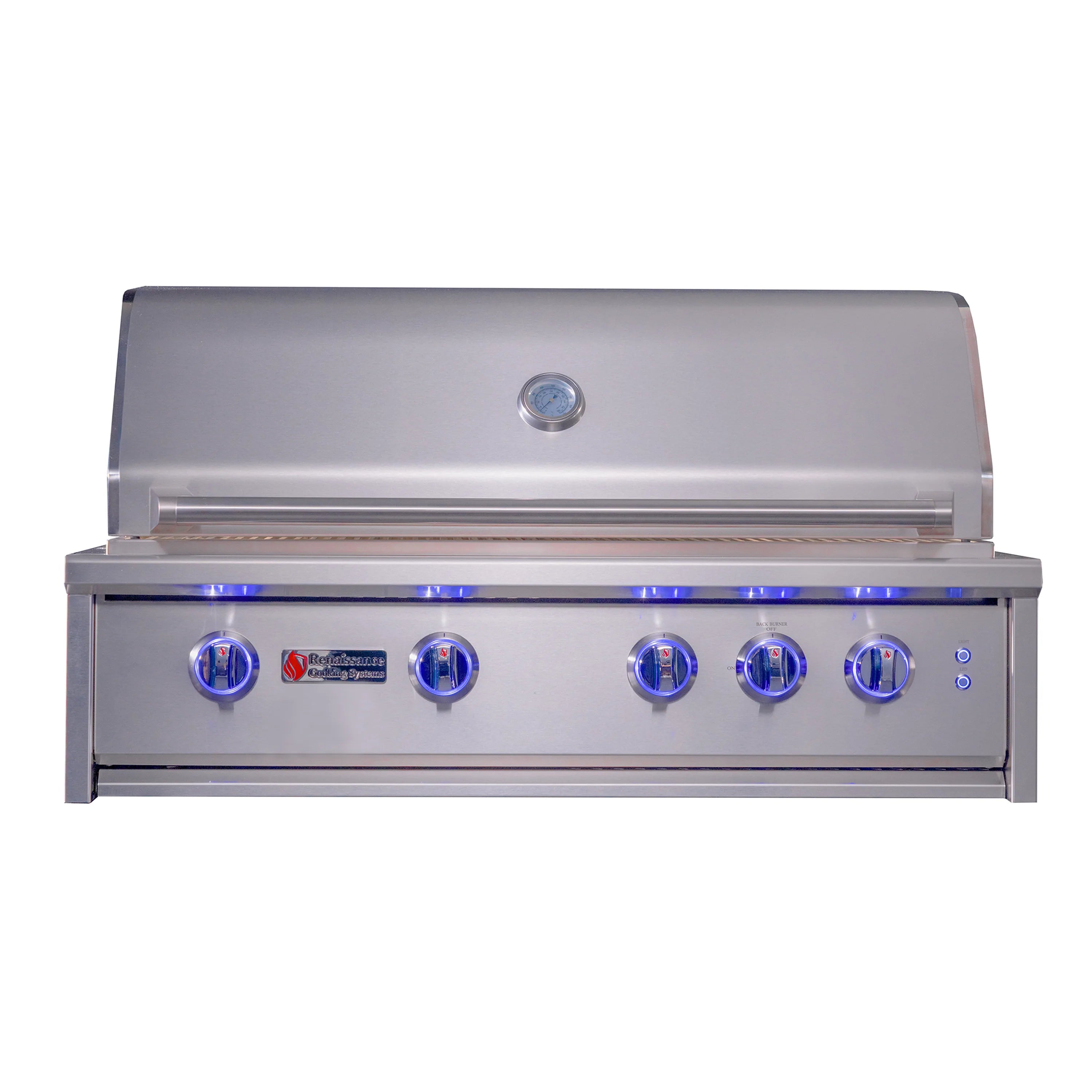 Stainless steel propane gas grill with blue control panel LEDs and six knobs