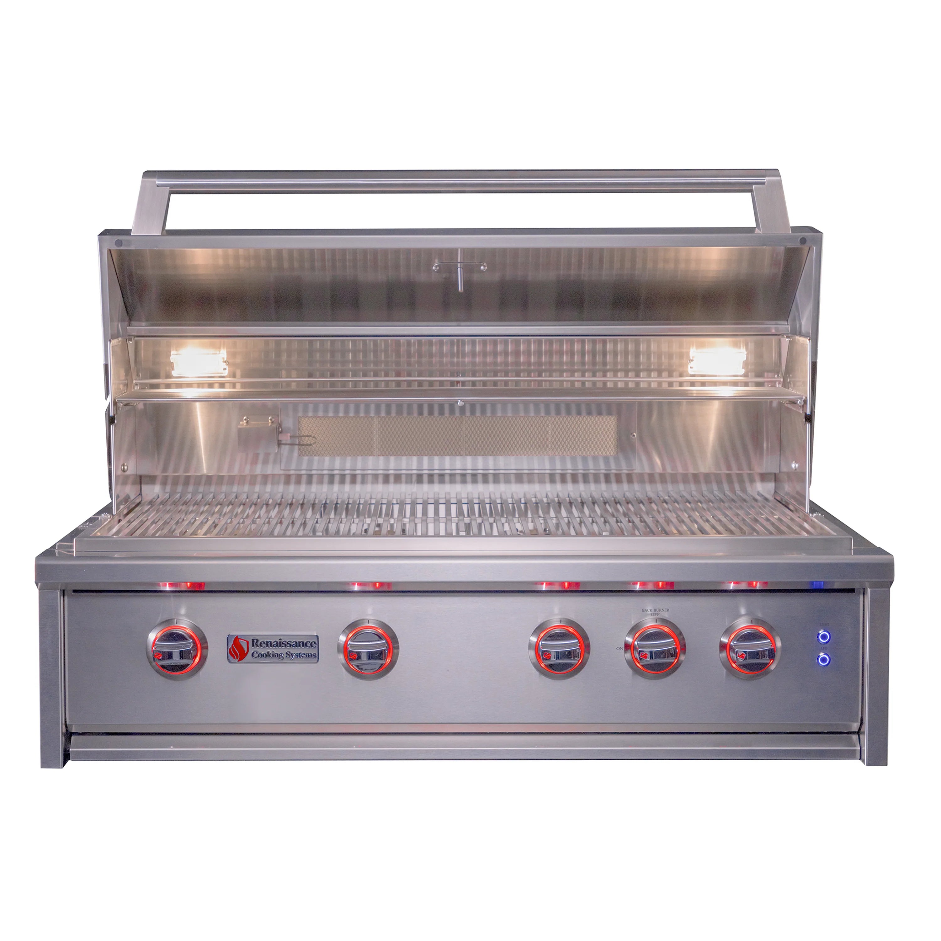 Stainless steel gas grill with open hood, interior illumination, and red-lit control knobs