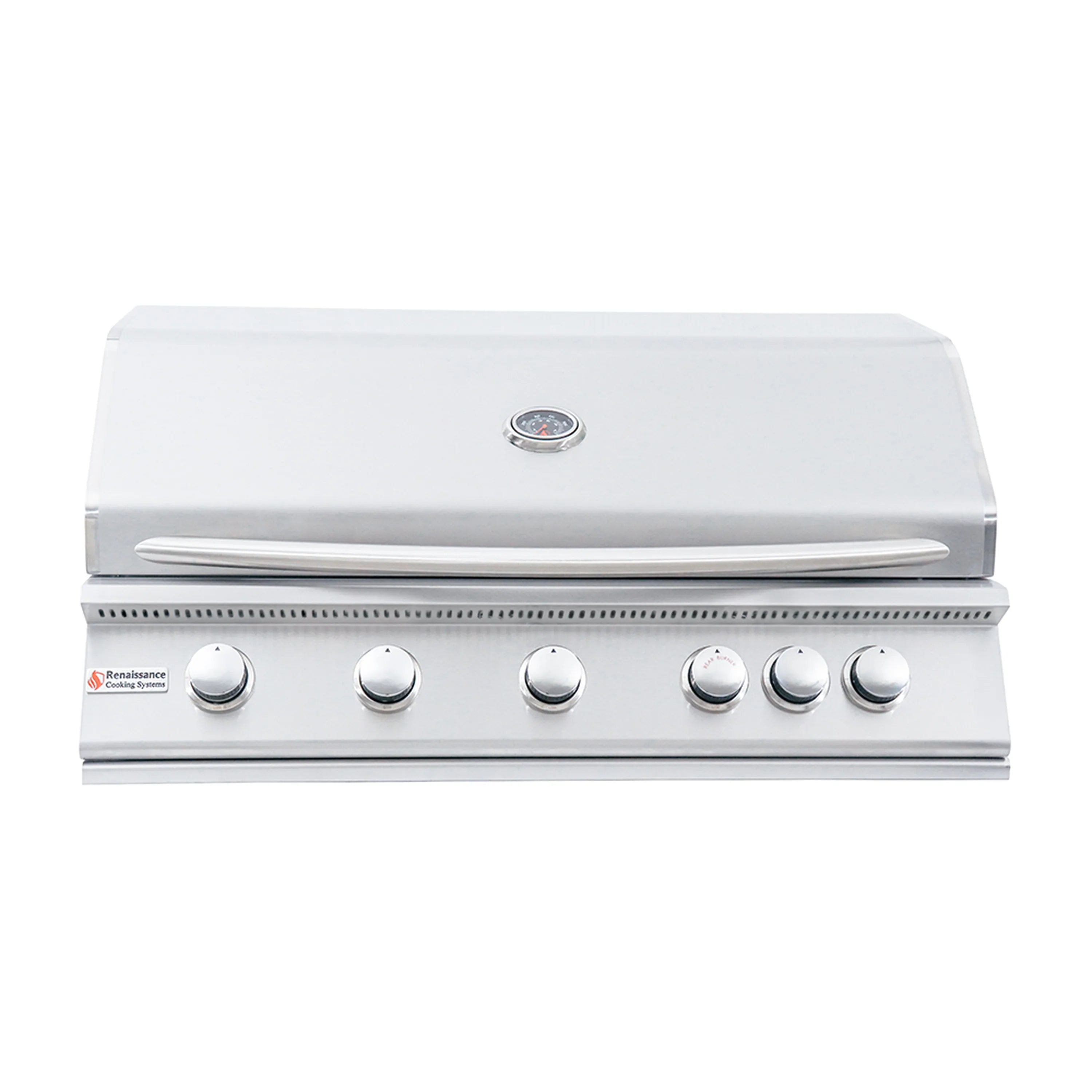 Stainless steel propane gas grill with hinged lid and control knobs on front panel