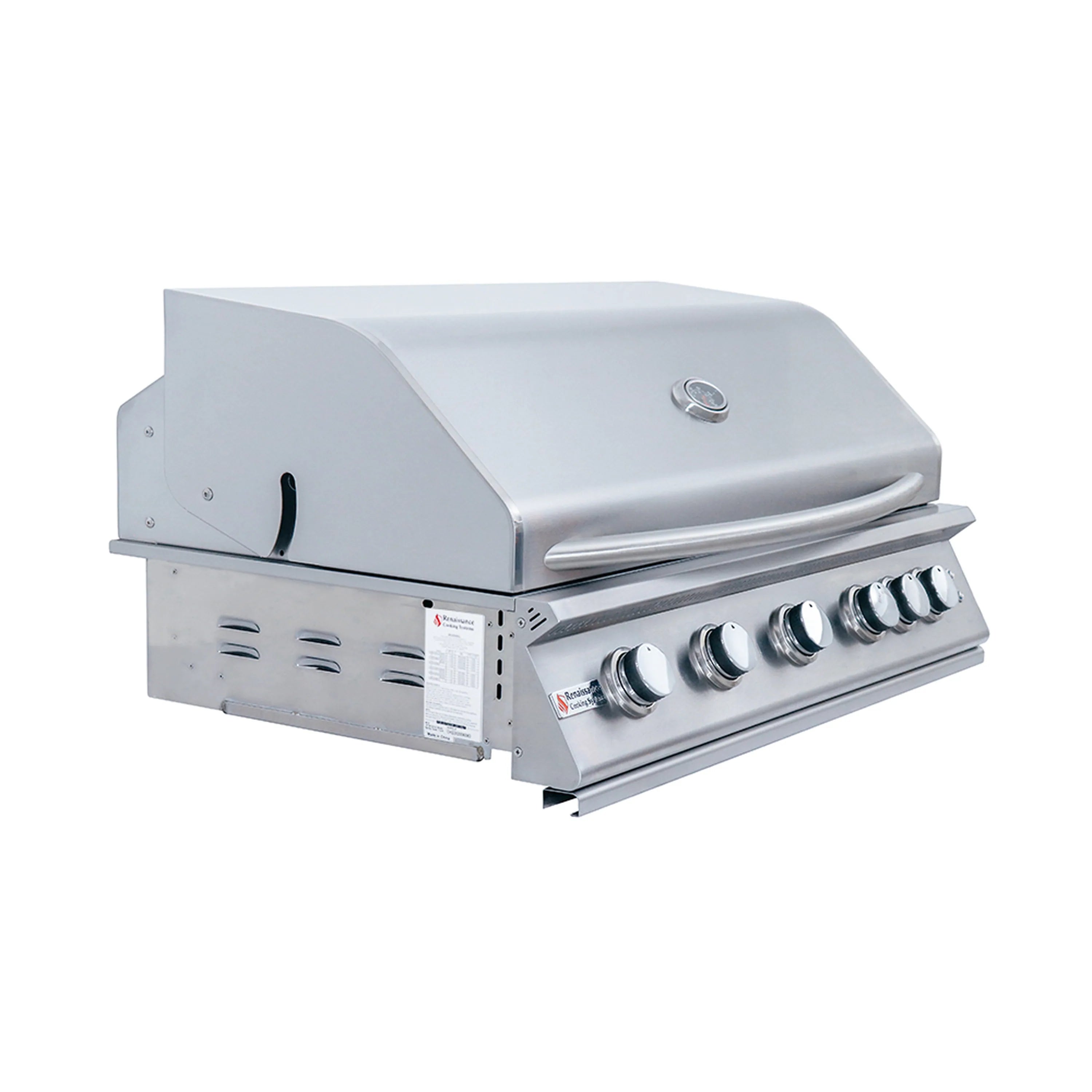 Stainless steel gas grill with closed lid and side control knobs