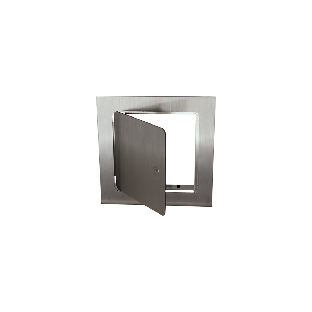 Stainless steel recessed access door open, door swung outward from frame