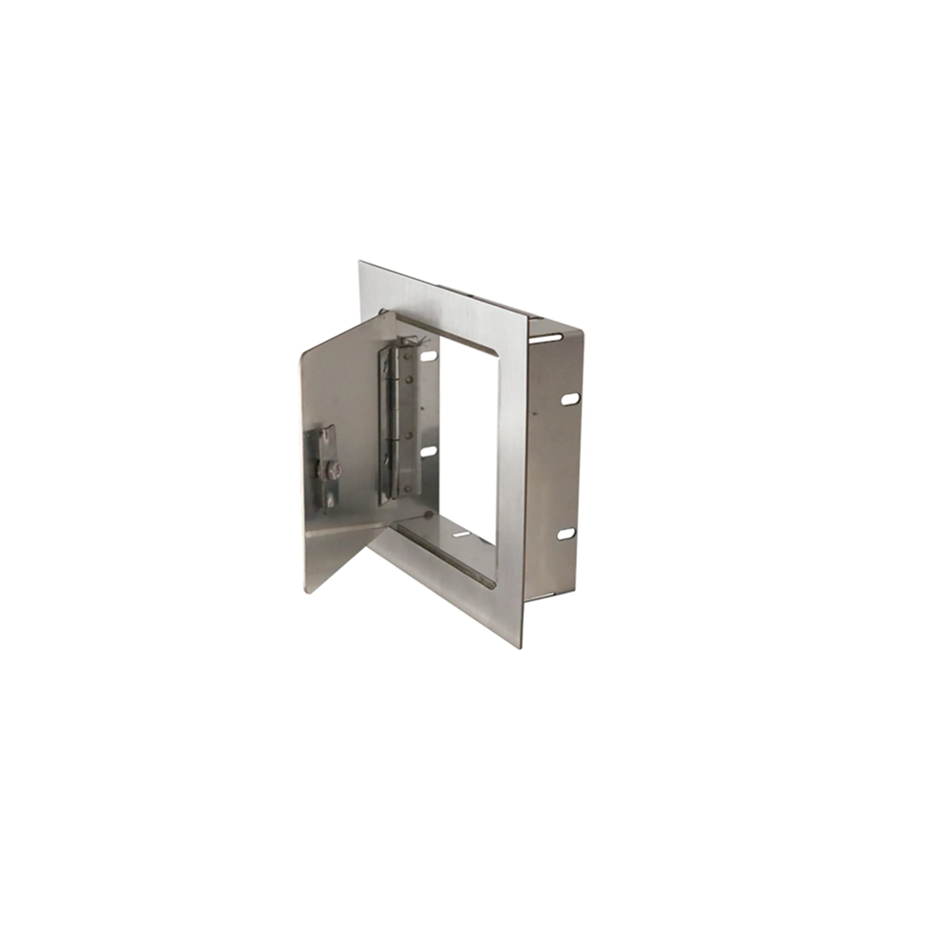 Stainless steel recessed access door frame, open view with mounting holes