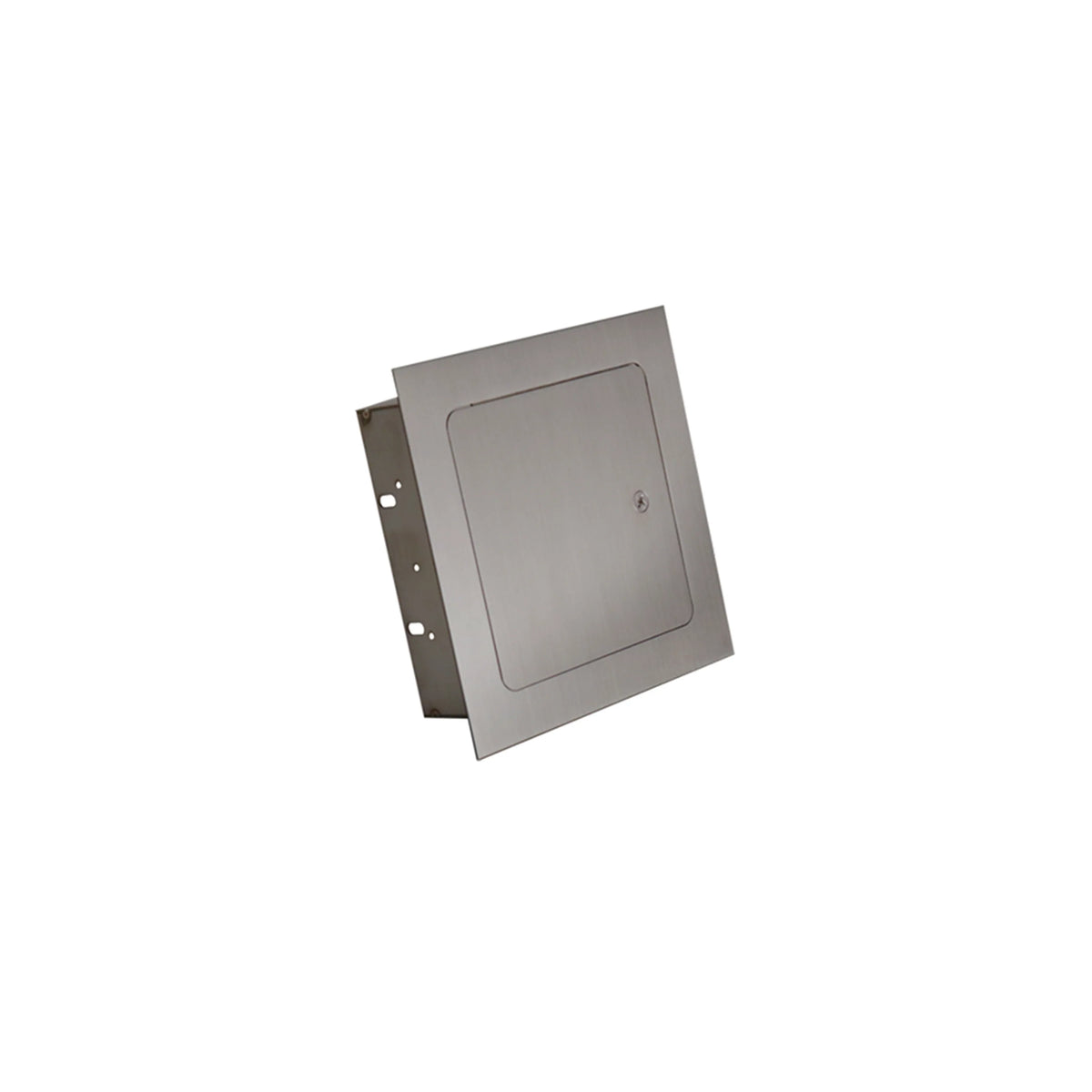 Stainless steel recessed access door panel with square trim and latch