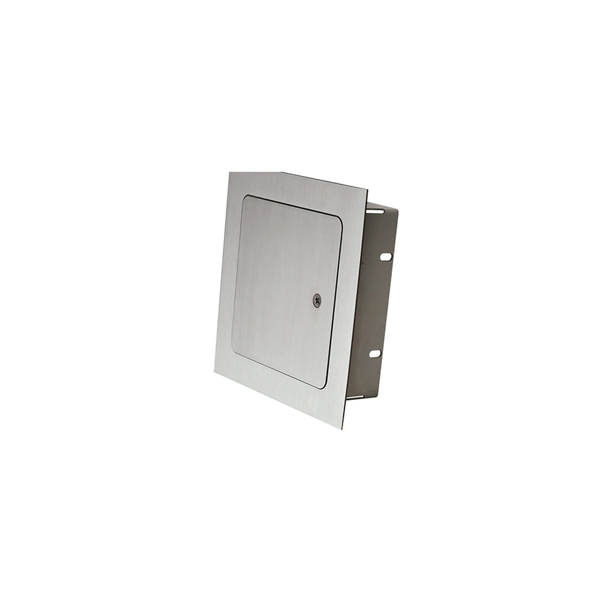 Stainless steel recessed access door angled view with mounting flange