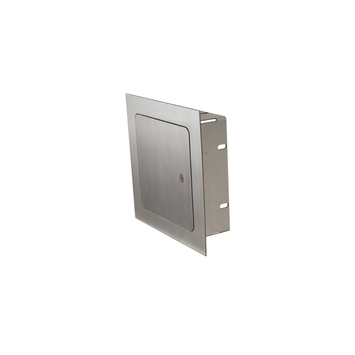 Stainless steel recessed access door front, rectangular inset and latch screw