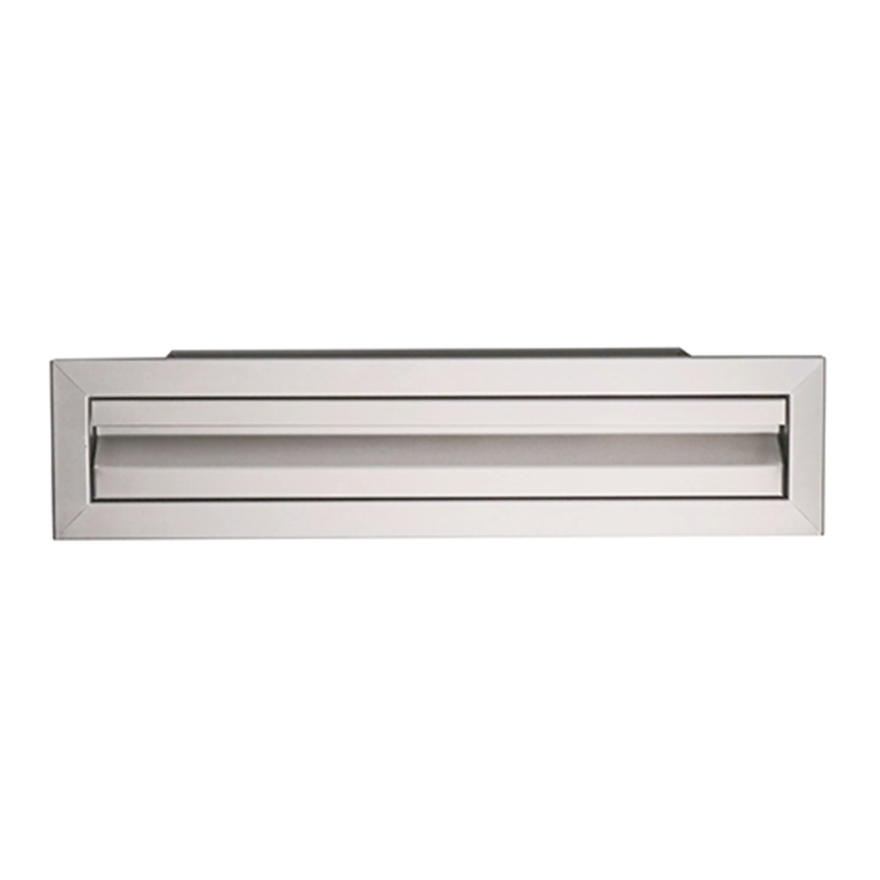 Stainless steel tool drawer with centered front slot, showing two inner rails