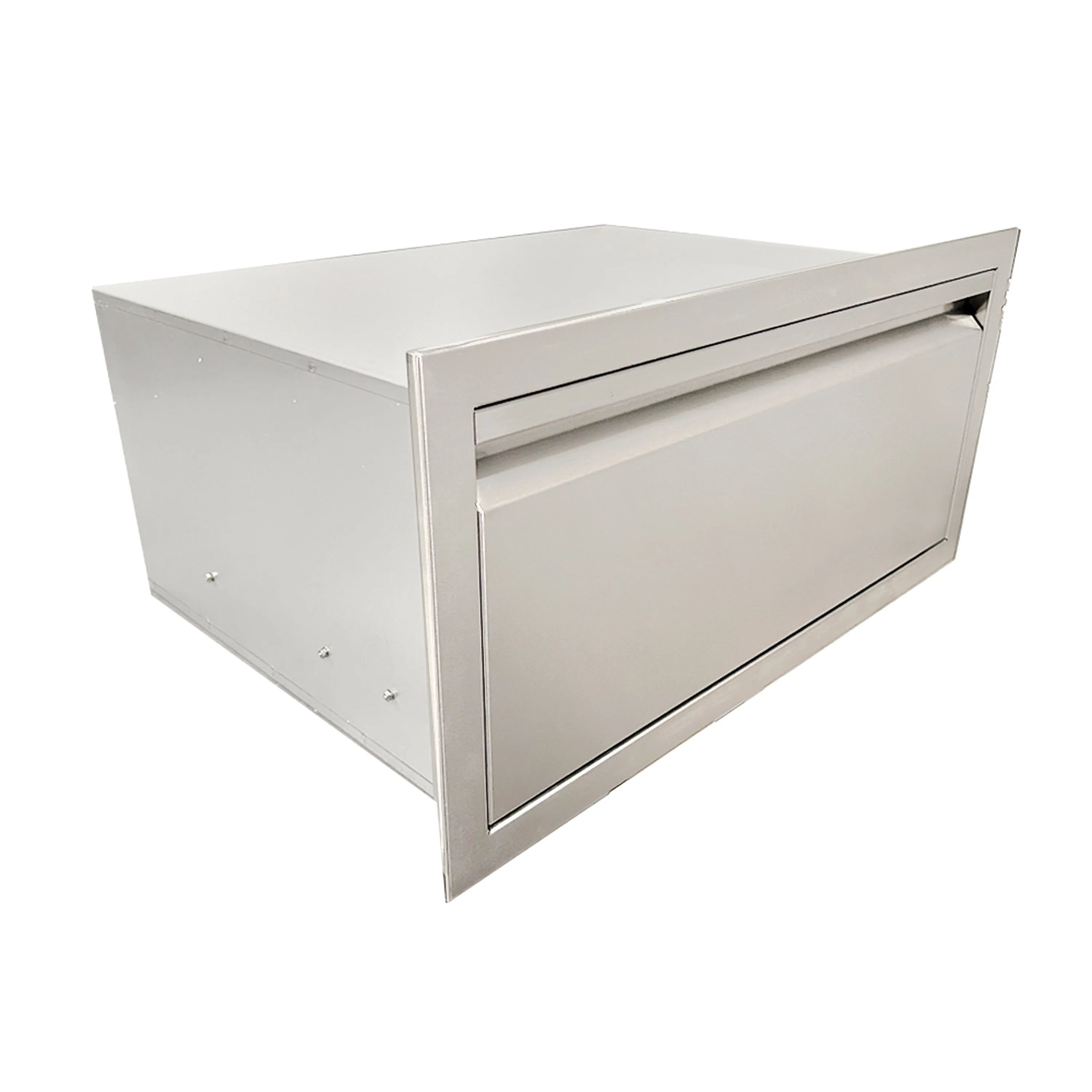 Large metal tool drawer with side view of front panel and open top edge