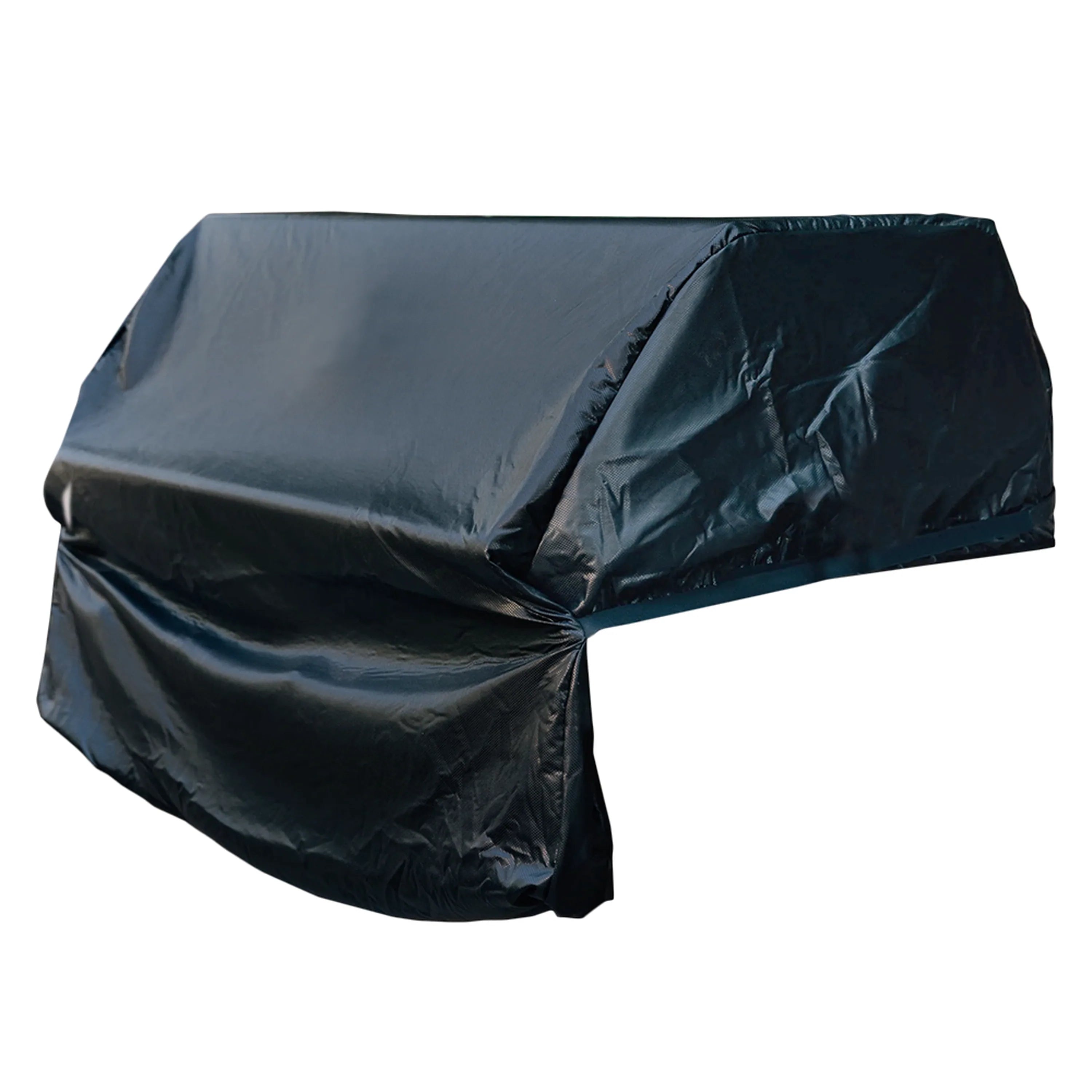 Dark vinyl grill cover with snug fit over built-in grill