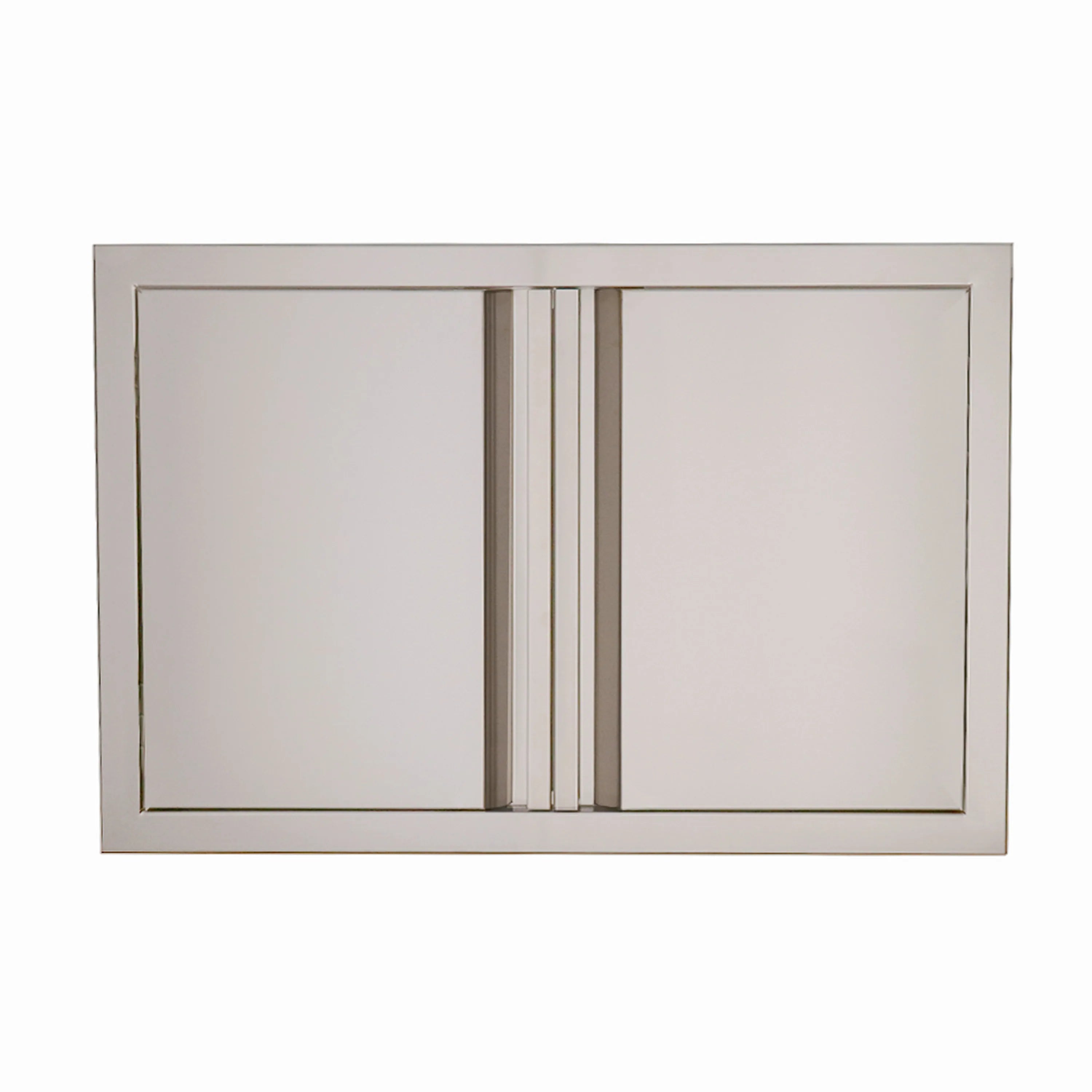 Stainless steel double doors with vertical center gap and recessed soft-close rails