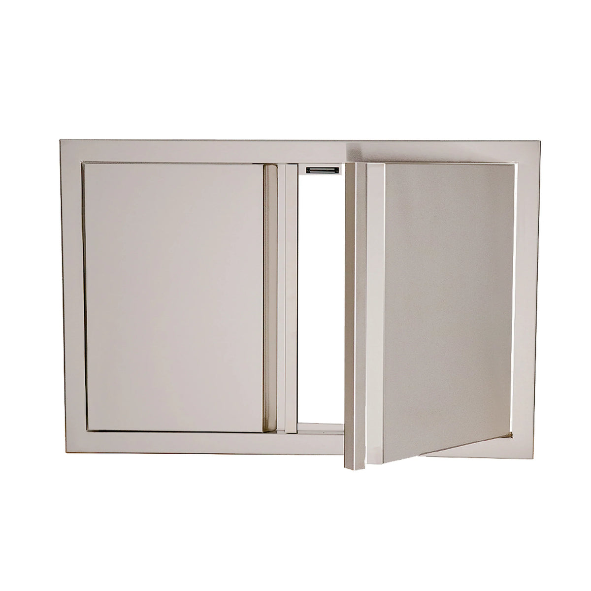 Stainless steel double doors partly open, showing hinge hardware and soft-close rails