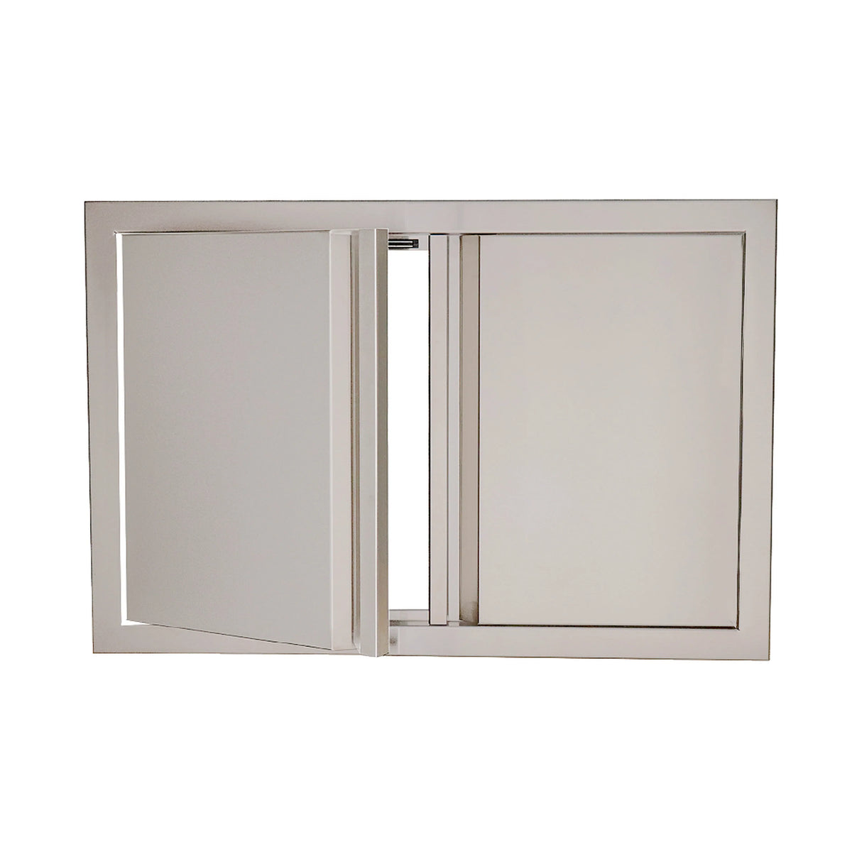 Stainless steel double doors open with central soft-close mechanism visible