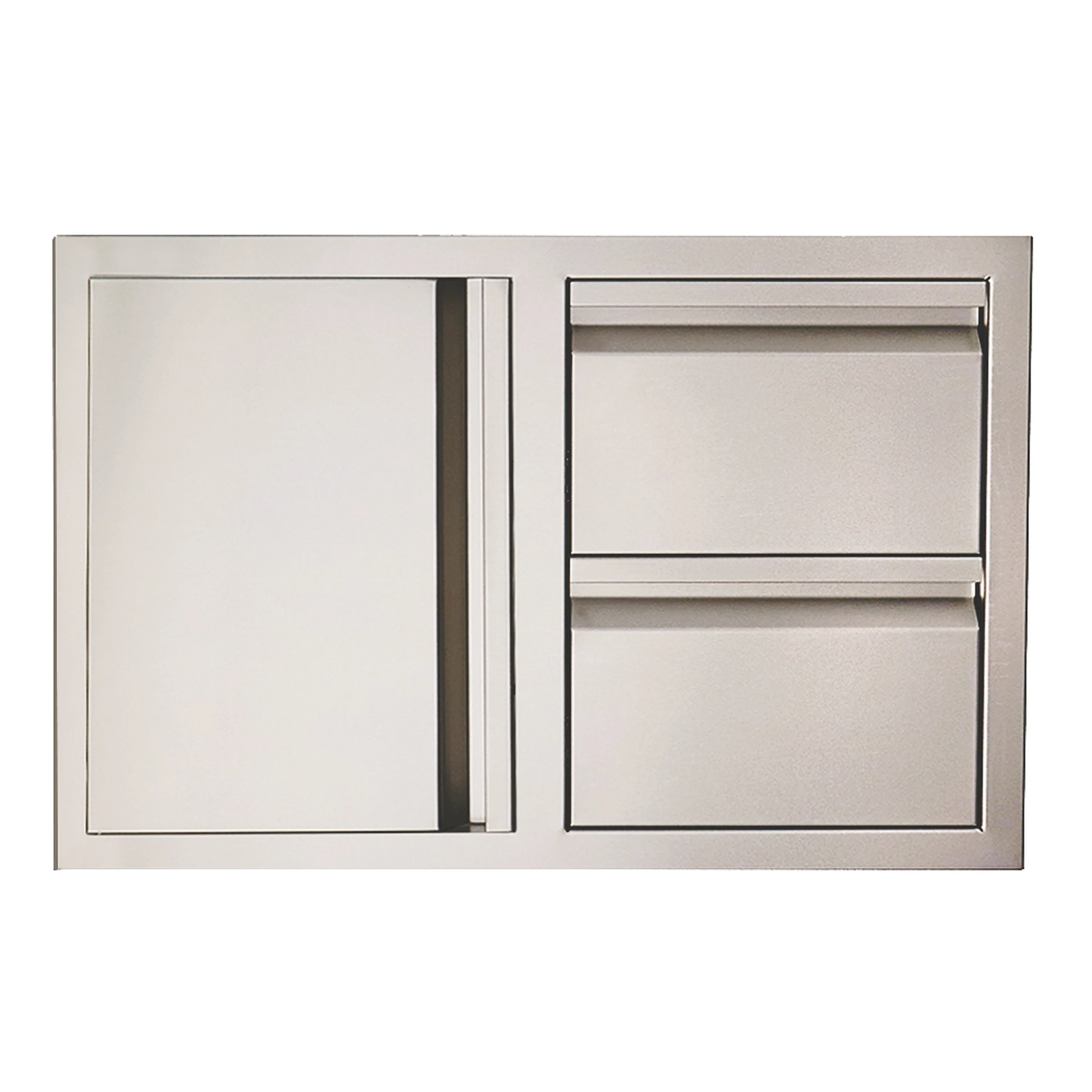 Off-white cabinet front with left door and two drawers, clean panel doors and pulls