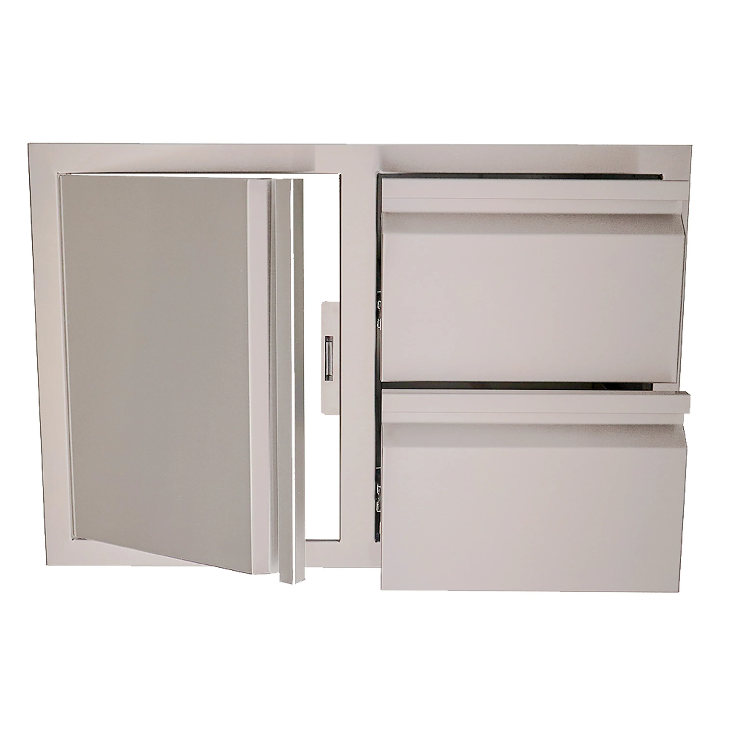 Off-white cabinet with left door and two stacked drawers, soft-close feature