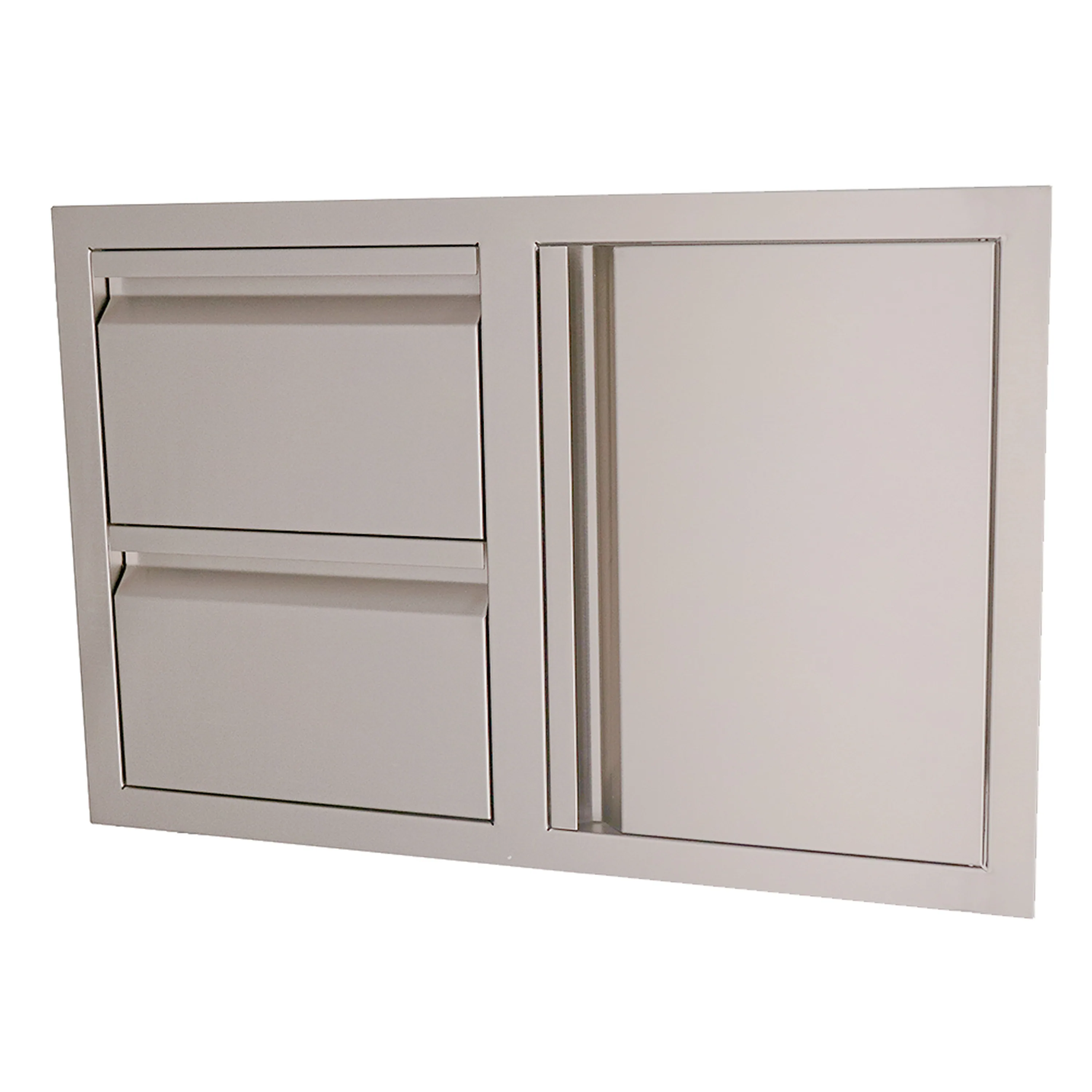 Cabinet drawer and right-side swing door combo with two-panel drawer, closed