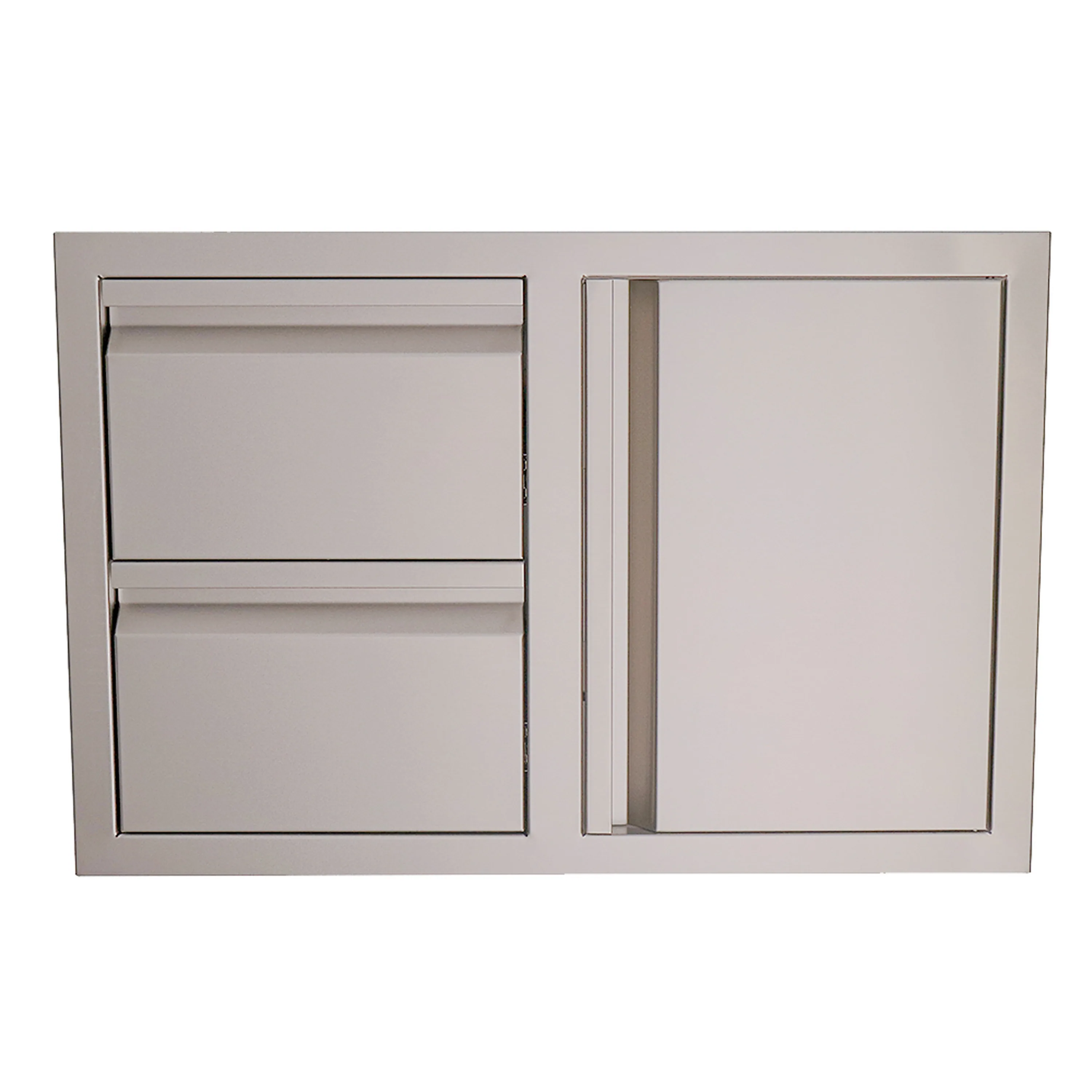 Cabinet drawer and right-swing door combo with recessed panels and vertical side gap