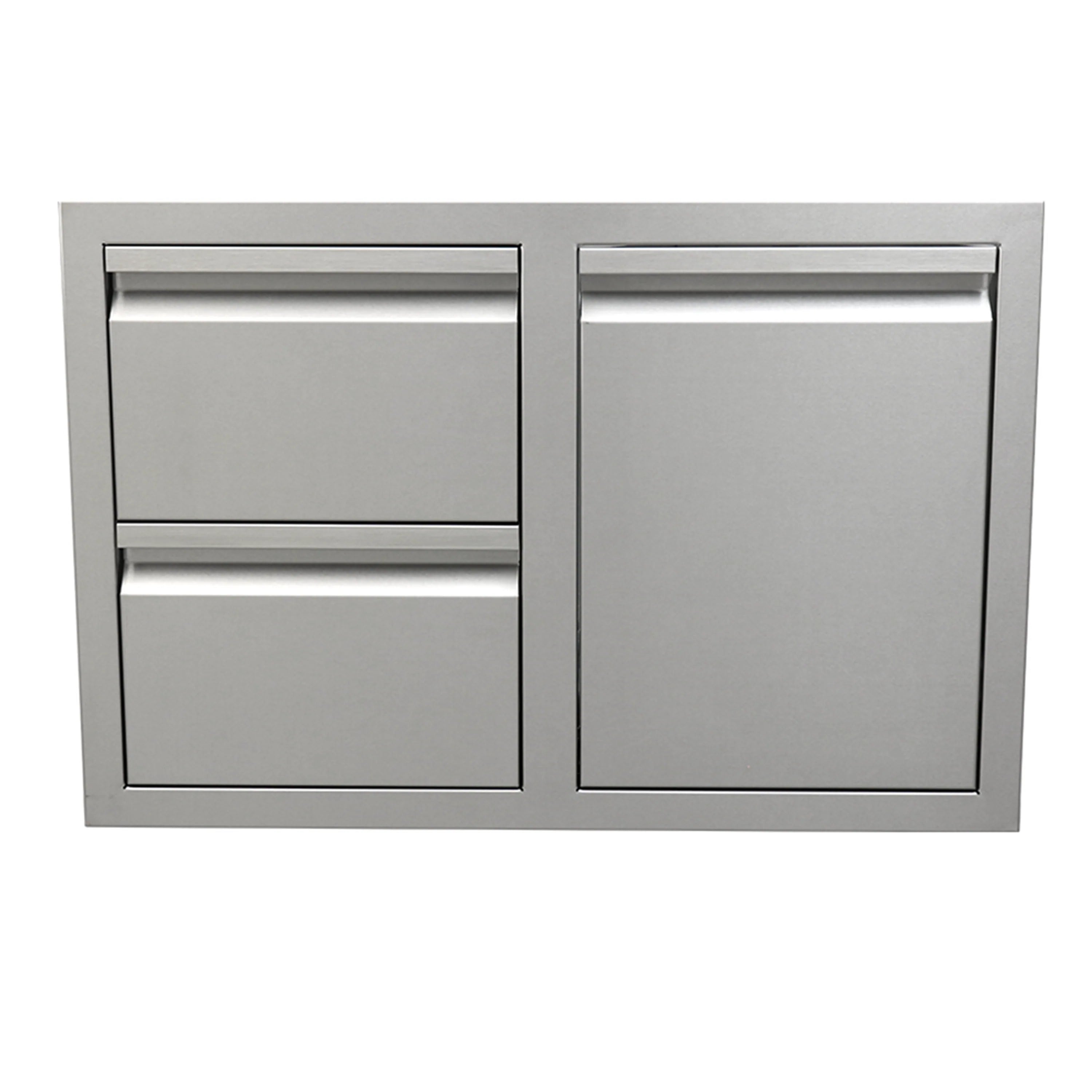 Stainless steel storage drawer with two stacked drawers on left and closed panel on right