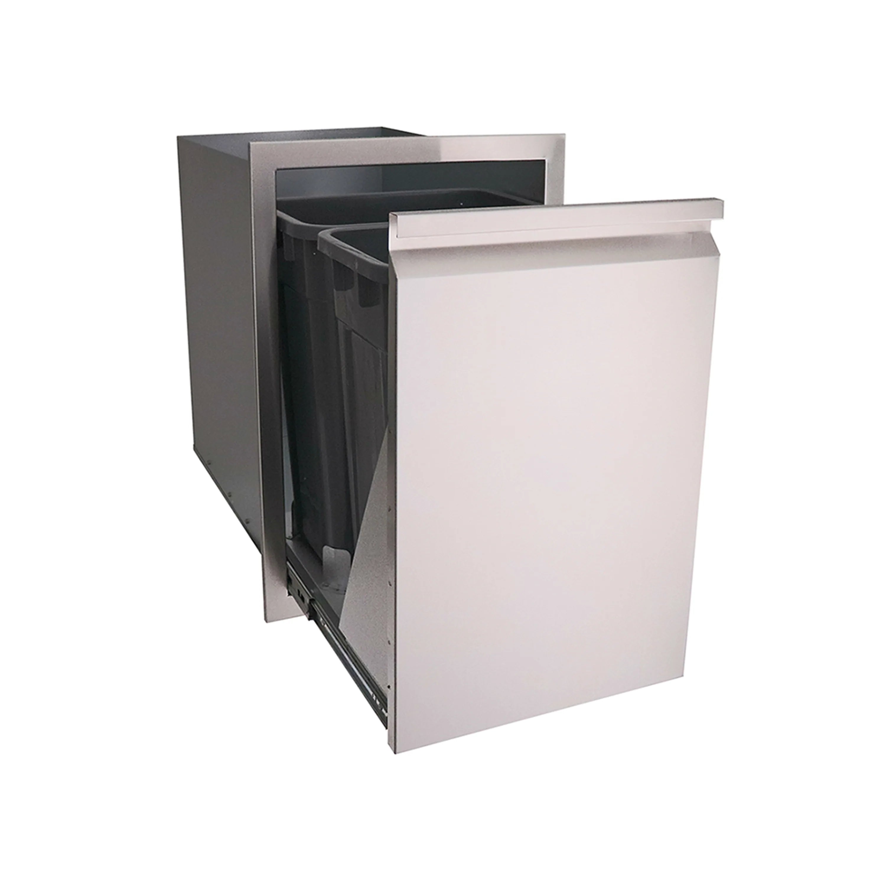 Stainless steel double trash drawer with open doors and dark waste liners visible.