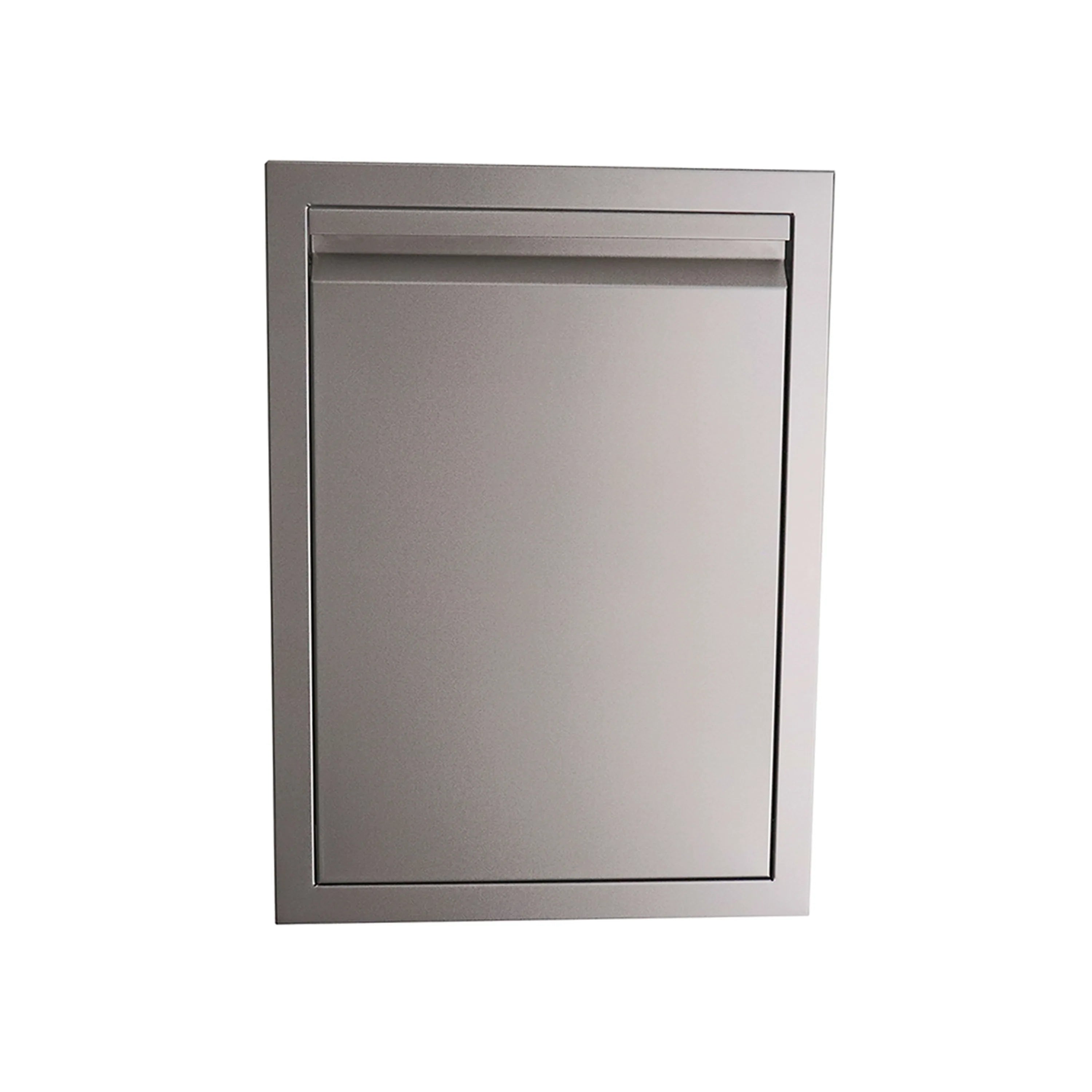 Stainless steel double trash drawer with fully enclosed door panel, front view.