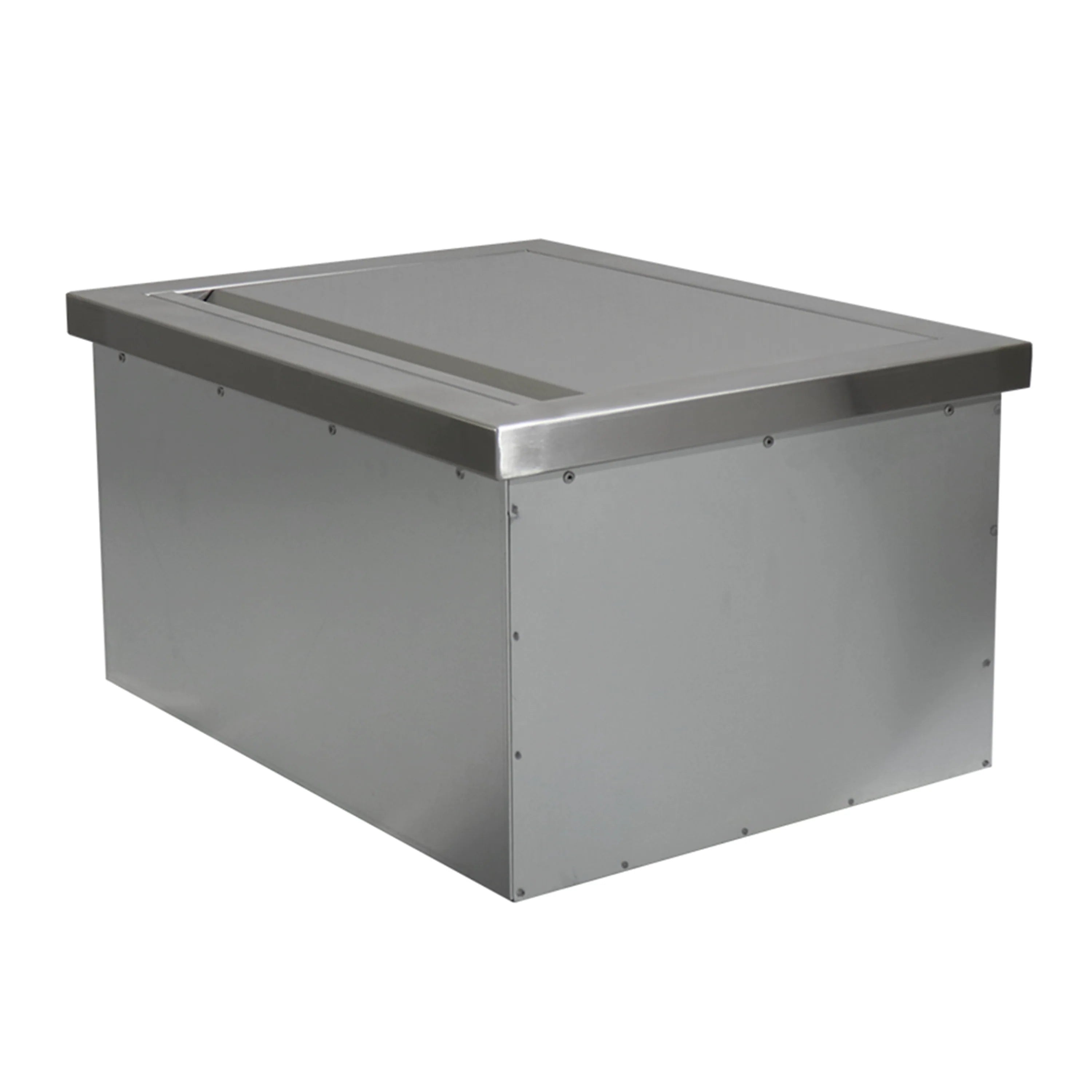 Stainless steel drop-in ice cooler with flat top and hinged lid, rectangular