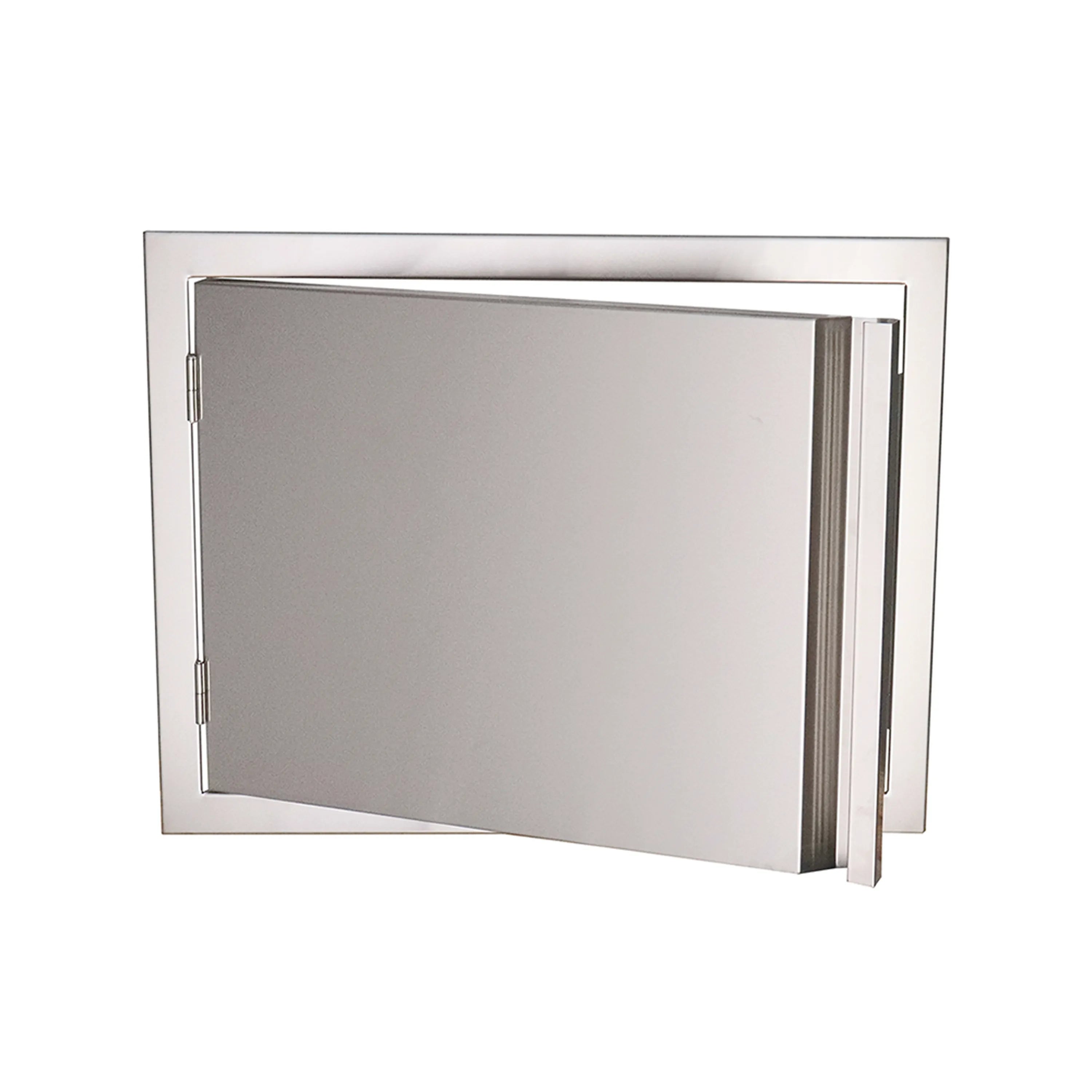 Horizontal fully enclosed access door, angled view showing thick metal border