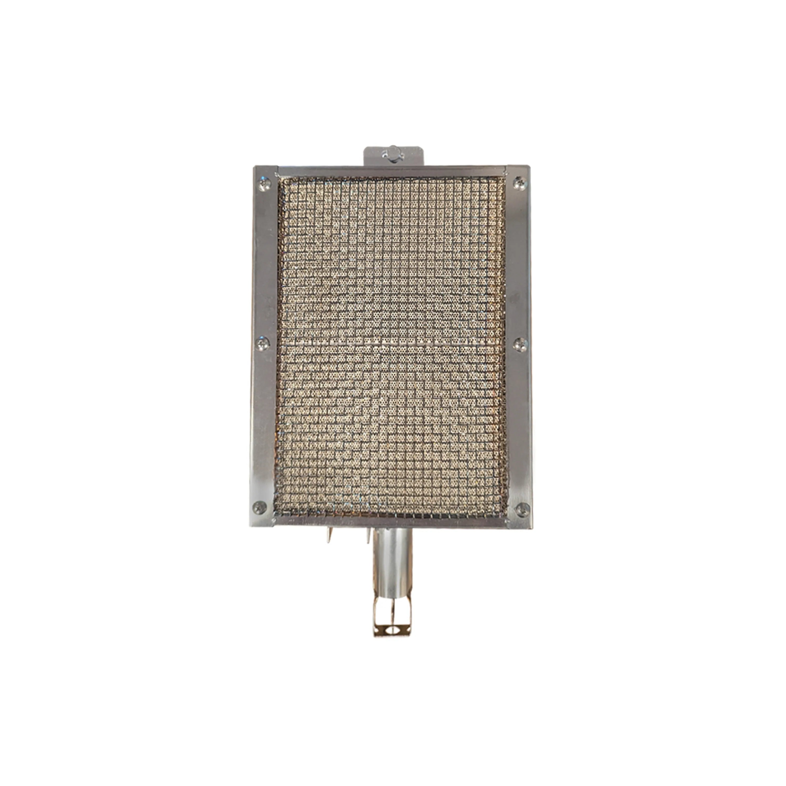 Renaissance infrared burner front view with square mesh grid and mounting plate, terminals below
