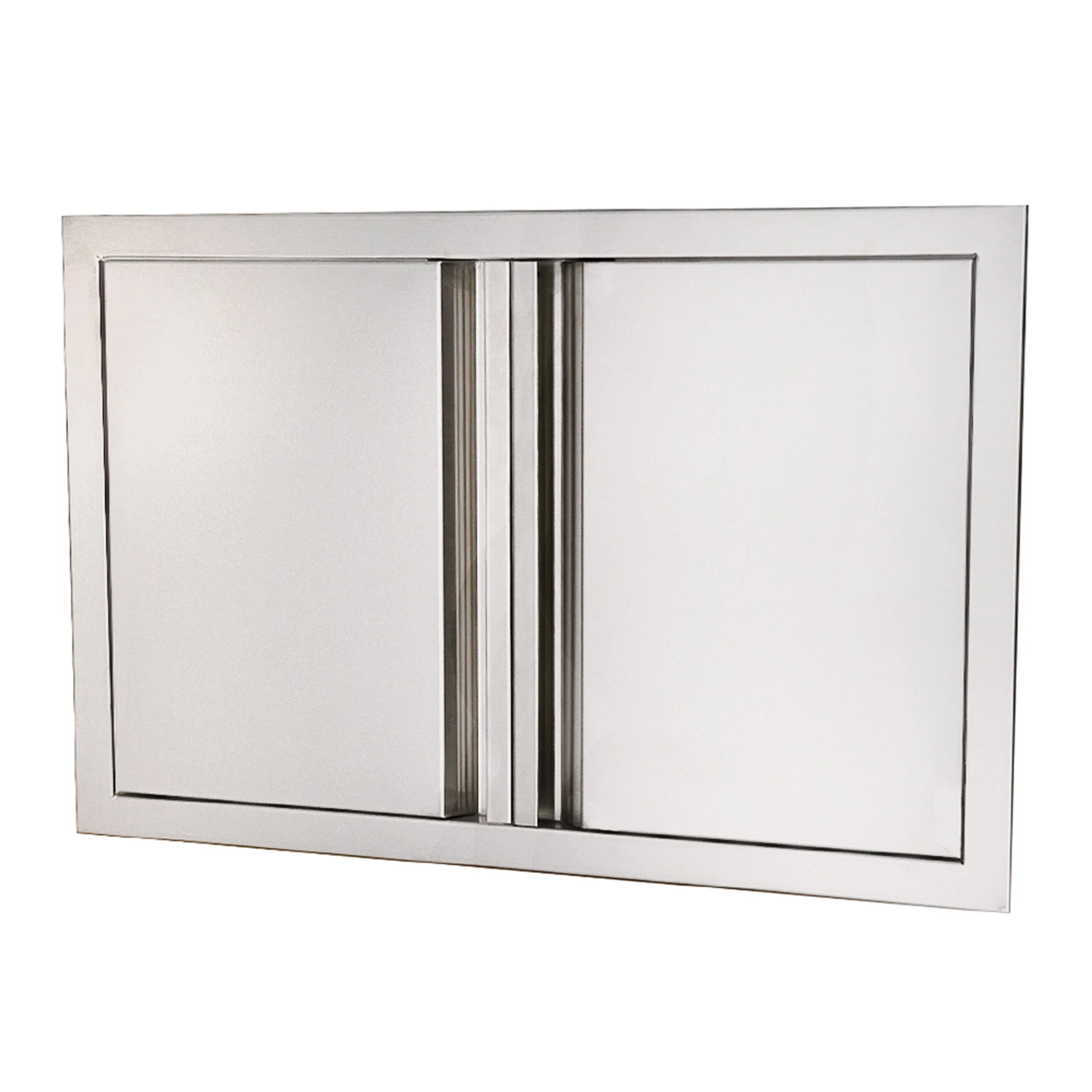Double cabinet doors with brushed metal frames, one door open slightly with hinge area
