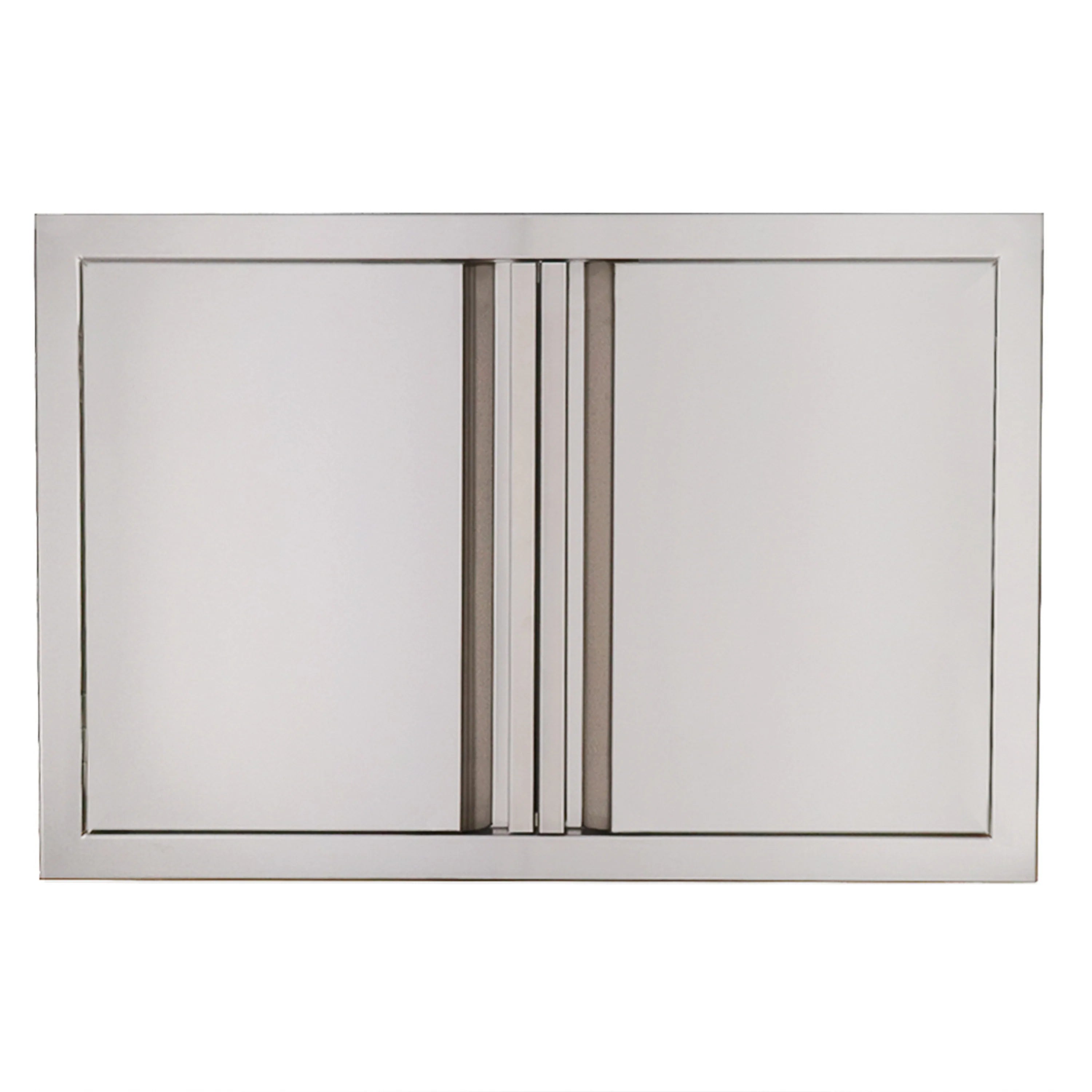 Double cabinet doors with central seam, two brushed metal panels and matching door frames