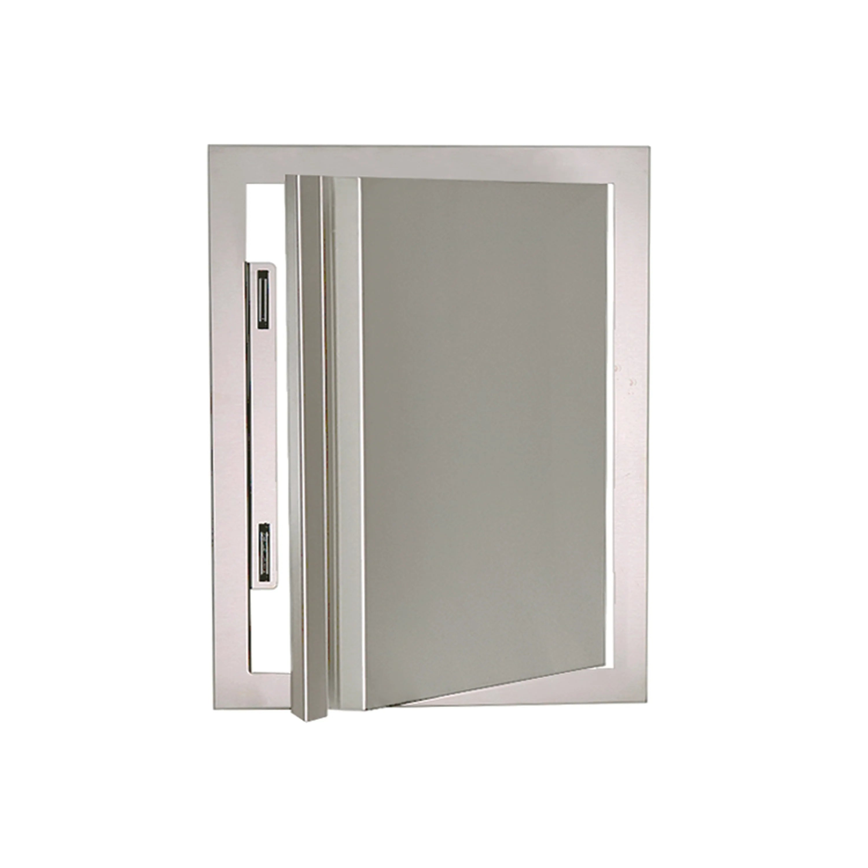 Large stainless steel vertical door frame with handle track and soft-close hinges