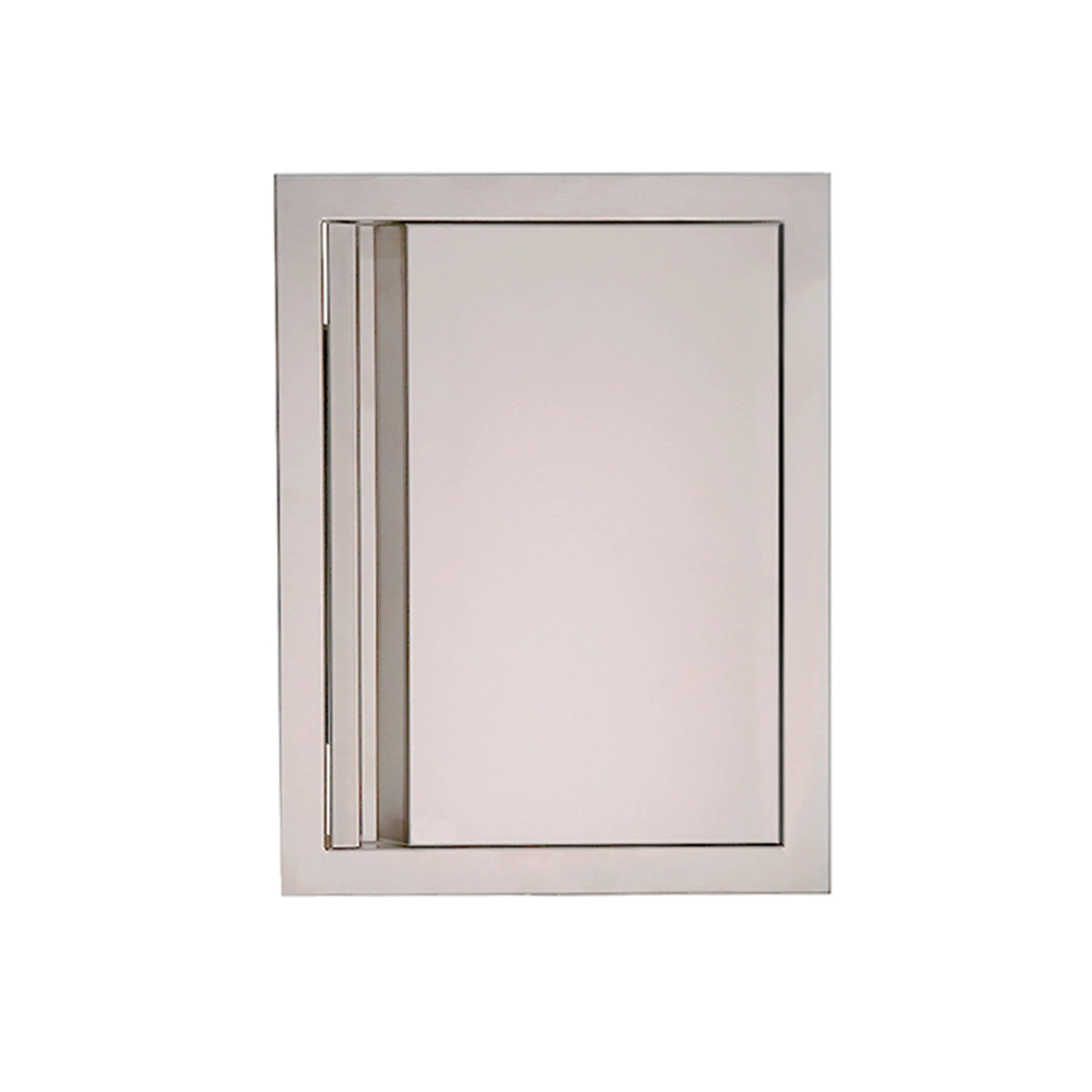 Large stainless steel vertical door leaf with frame and integrated handle slot