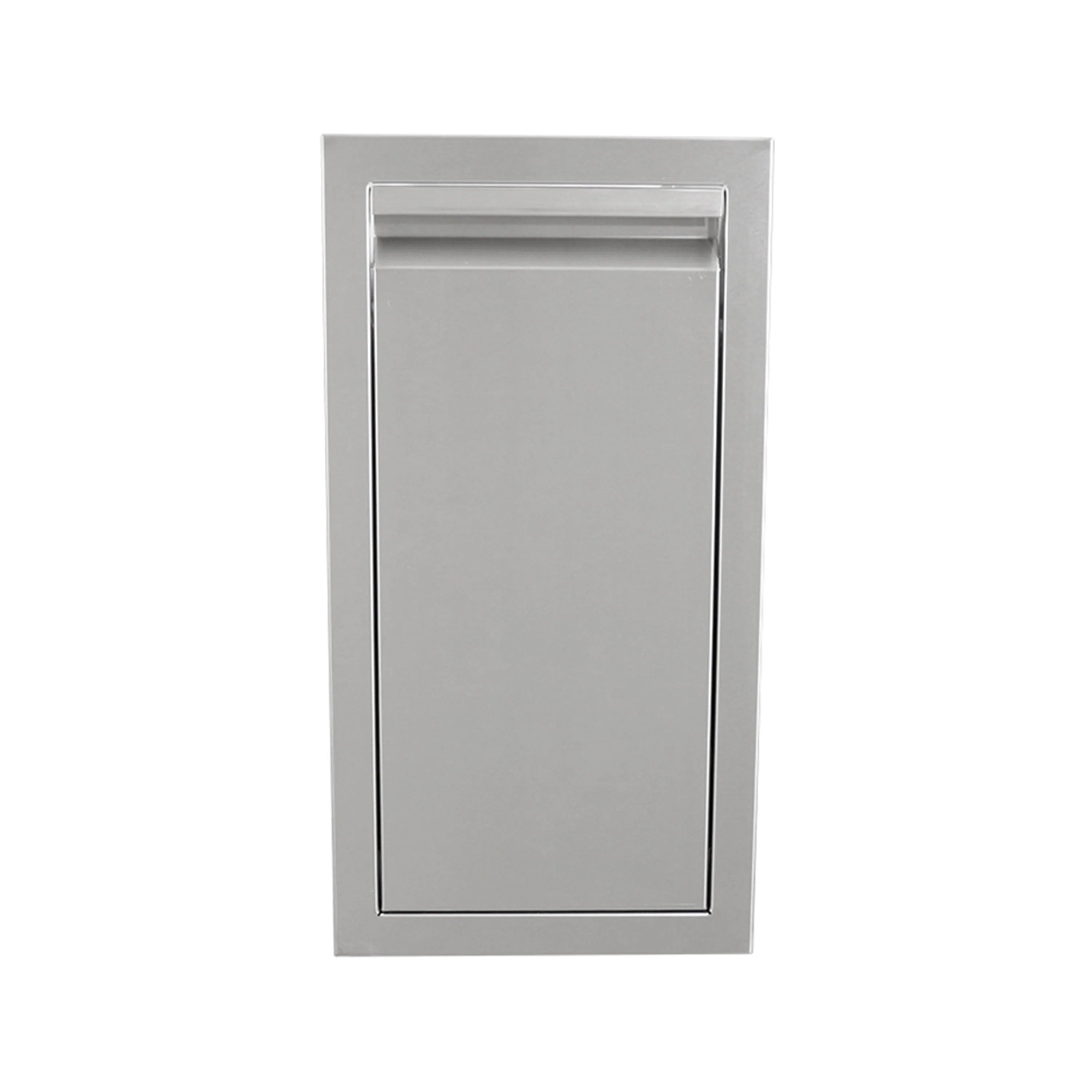 Stainless steel narrow trash drawer cabinet with flush front door and top slots
