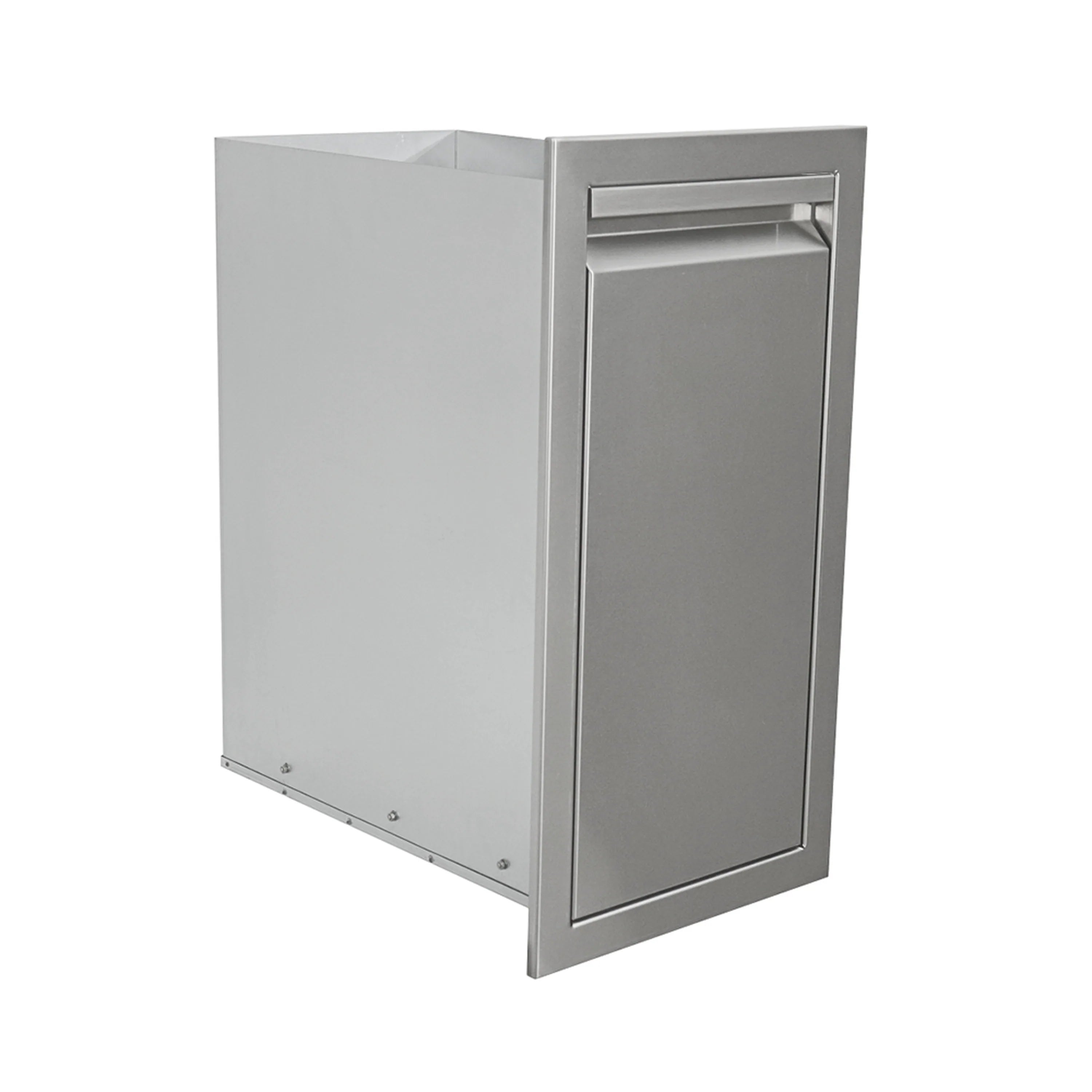 Stainless steel narrow trash drawer cabinet with door closed, top vent opening