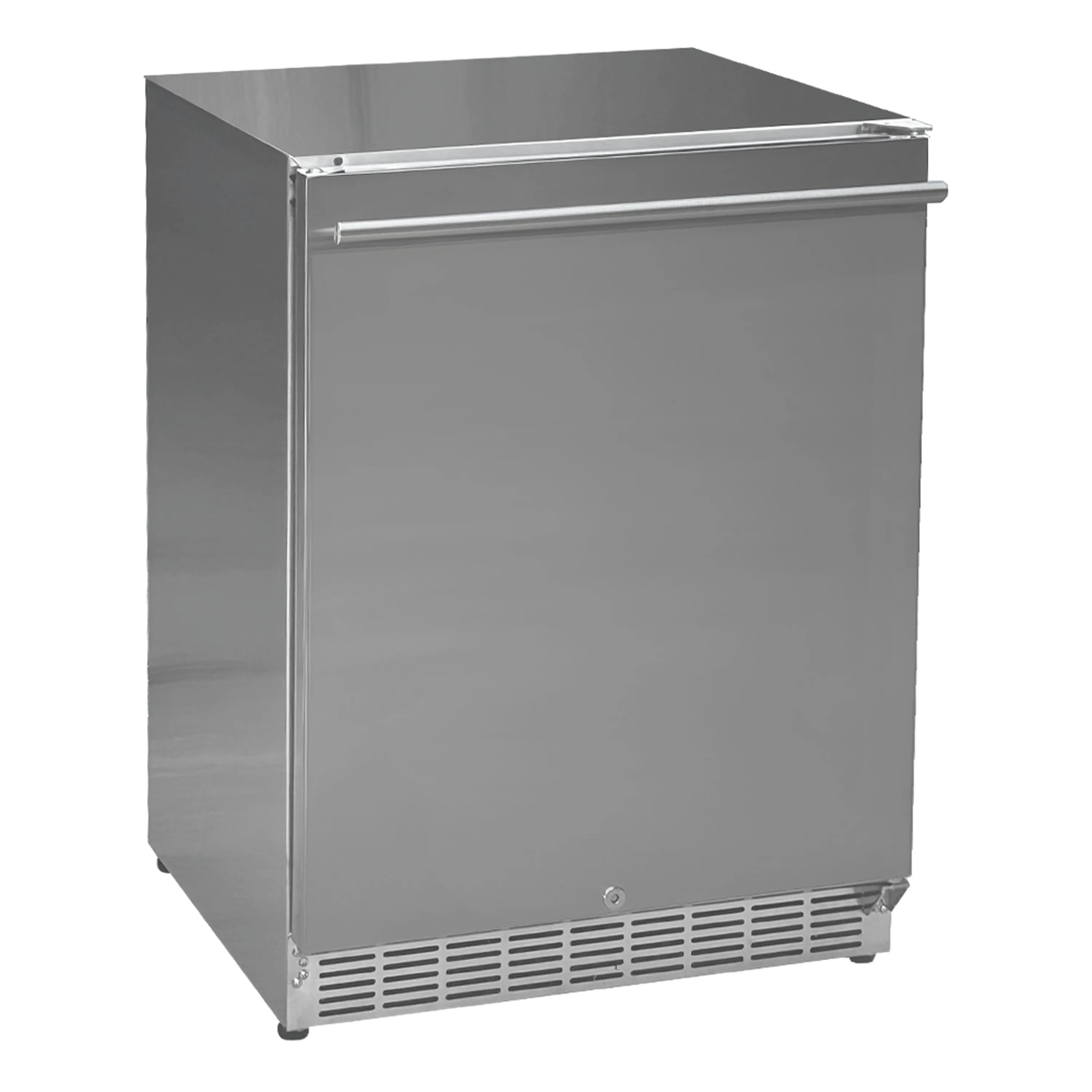 Stainless steel undercounter refrigerator with front door and bottom vent grille