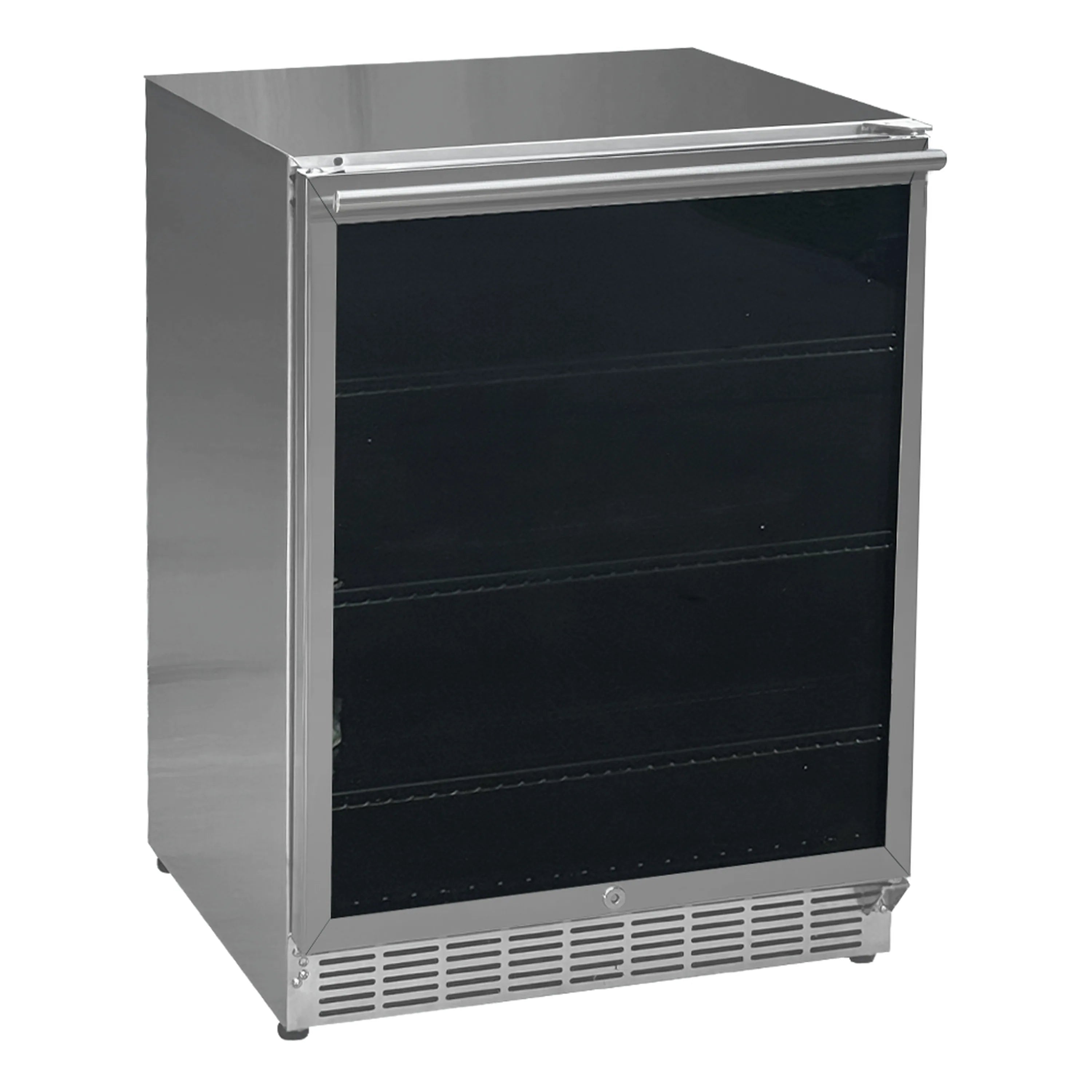 Stainless outdoor refrigerator with glass door and lower grille vents