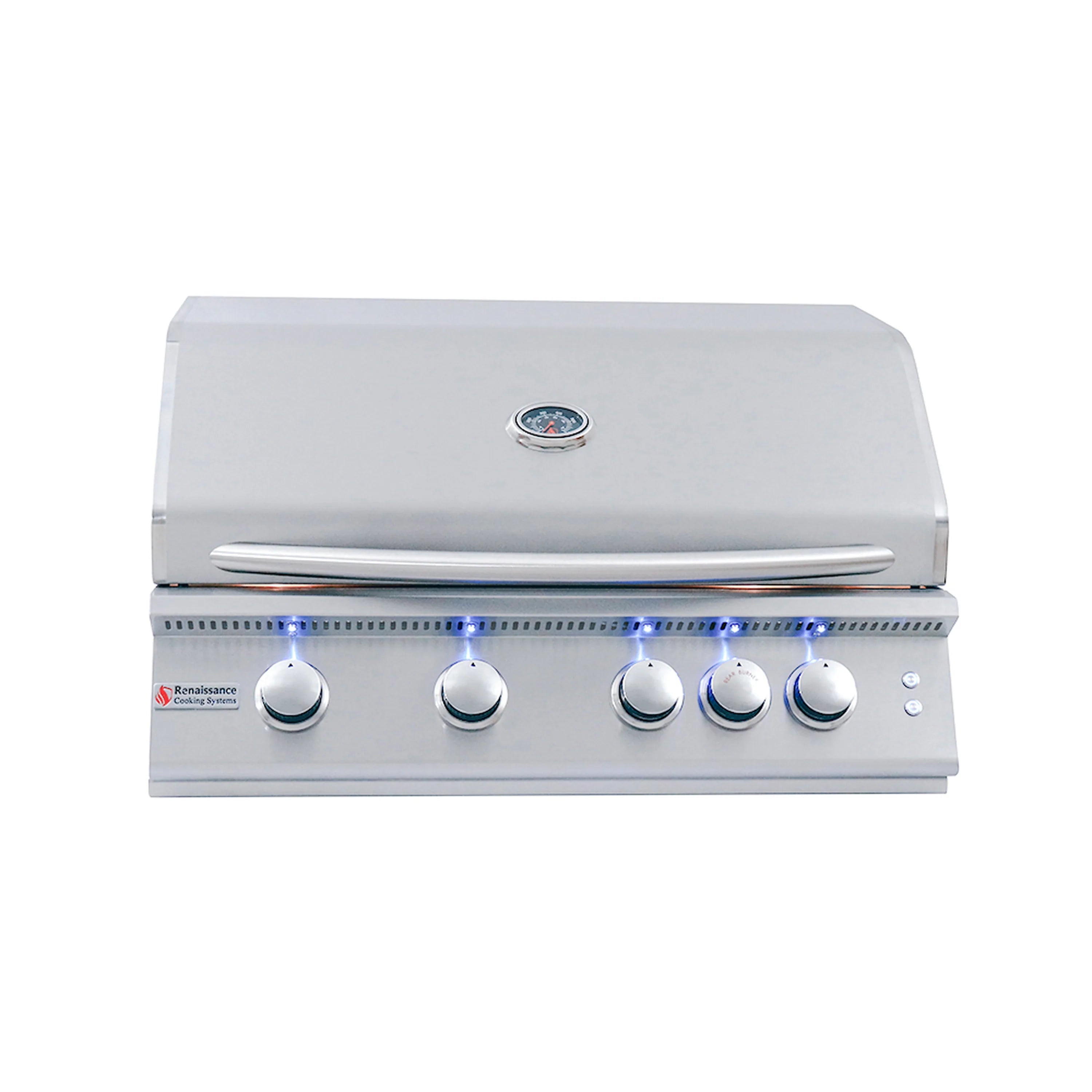 Stainless steel natural gas grill front with blue LED control lights and knobs
