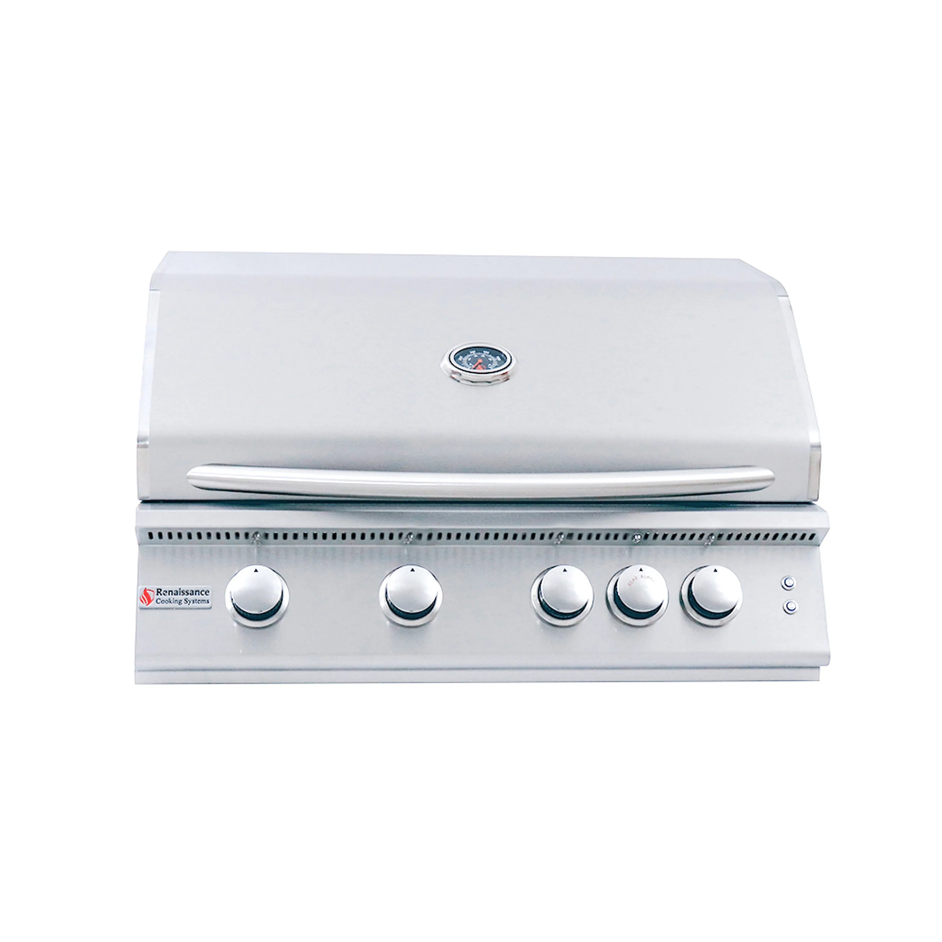 Stainless steel natural gas grill front view with control knobs and closed lid